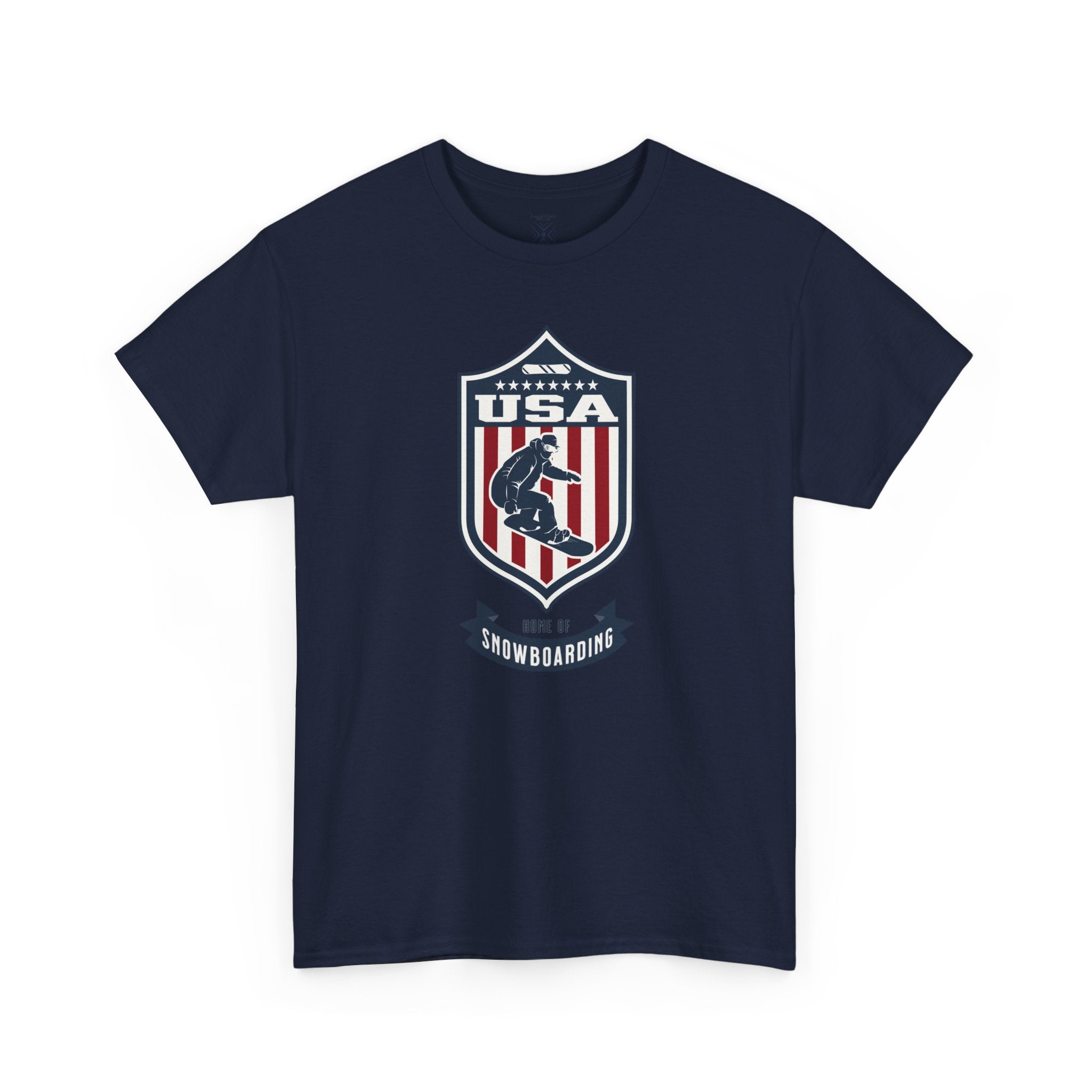 USA Home Of Snowboarding Vintage Athletic T-Shirt – Navy Red White Crest Graphic