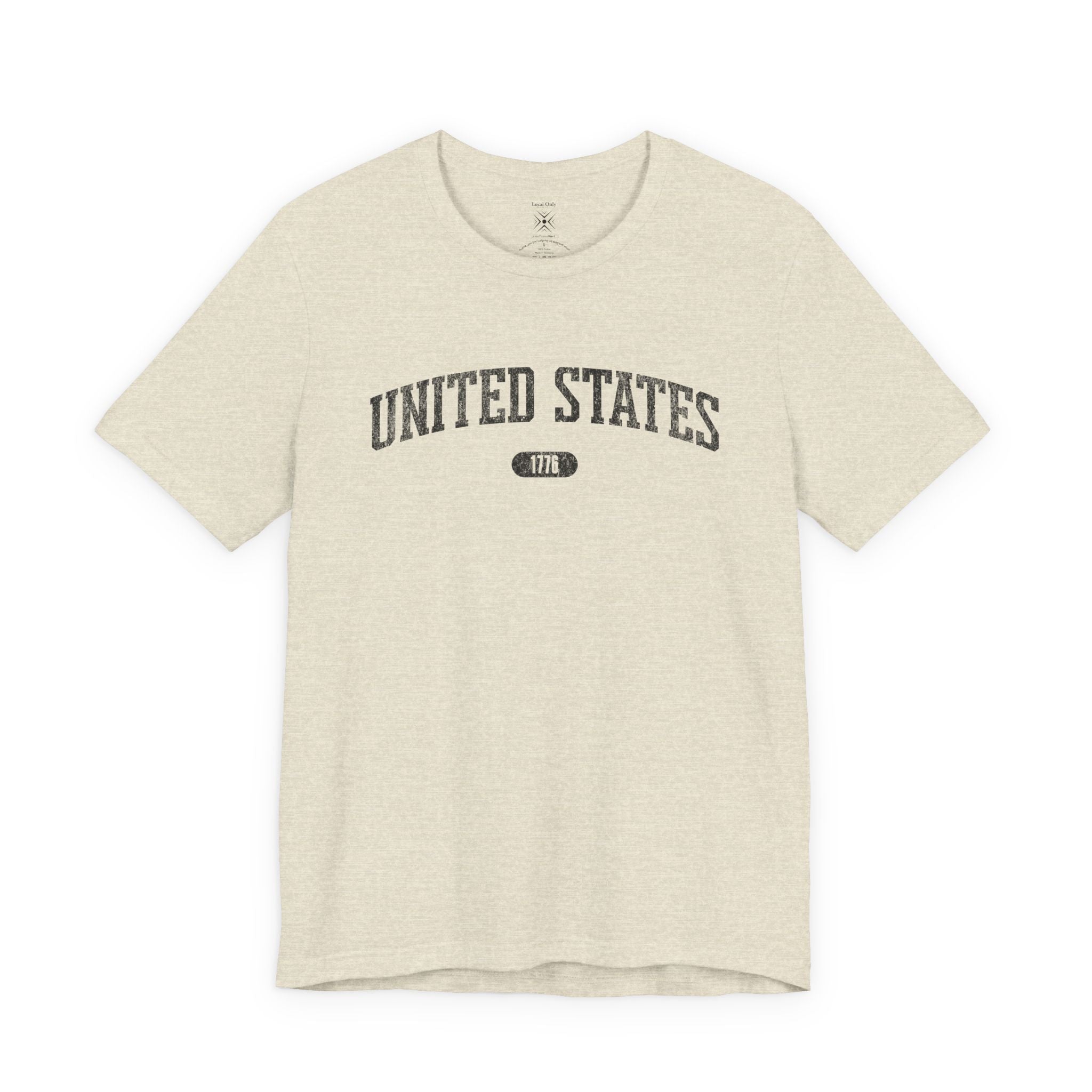 Heather Prism Natural t-shirt with 'UNITED STATES 1776' black collegiate text.