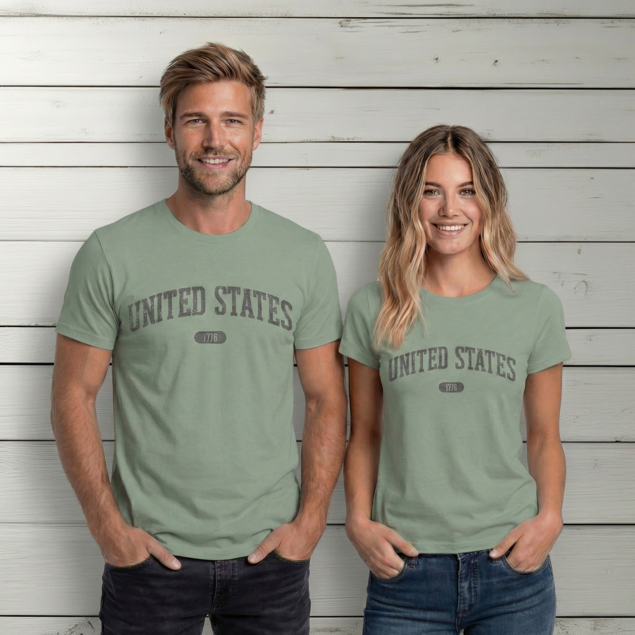 Man and woman wearing tees with 'UNITED STATES 1776' in gray collegiate text.