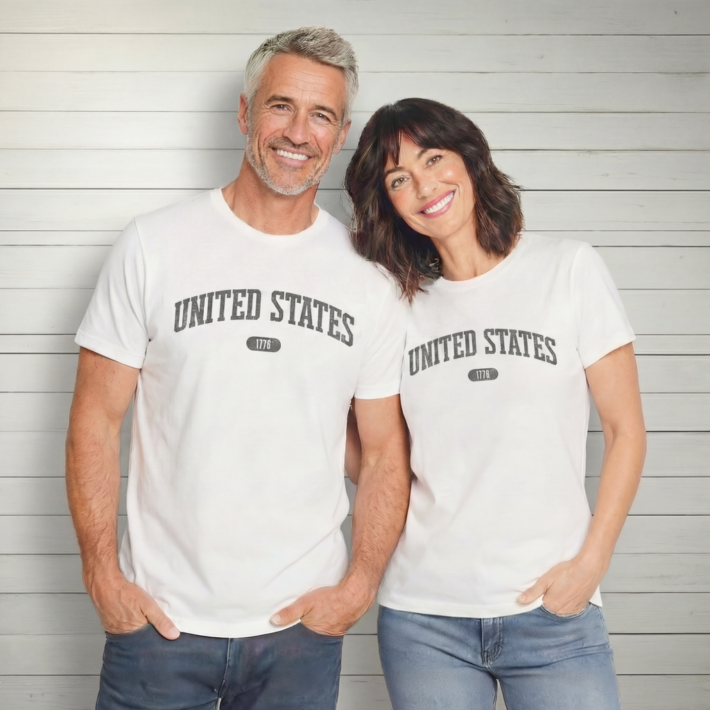 Couple wearing tees with 'UNITED STATES 1776' in gray collegiate text.