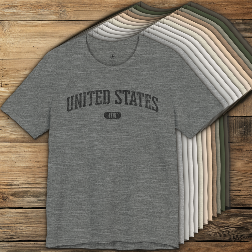 Color options for premium varsity tees with 'UNITED STATES 1776' in black.
