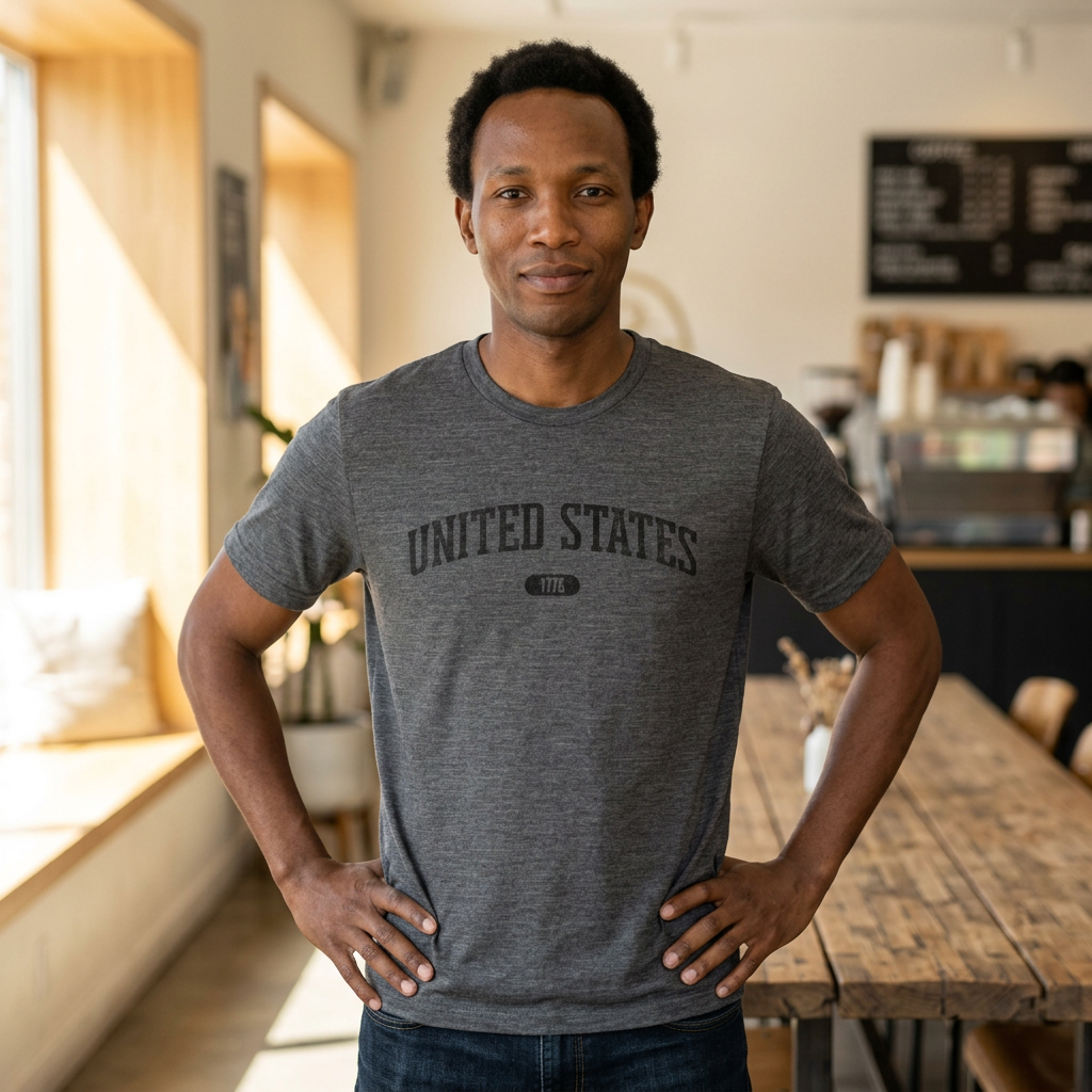 Man wearing a tee with 'UNITED STATES 1776' in black collegiate text standing in a coffee shop.