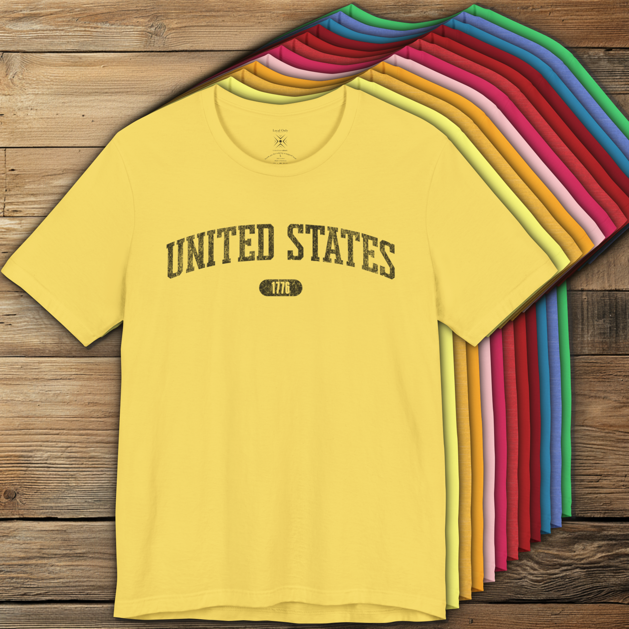 Colorful options of premium varsity tees with 'UNITED STATES 1776' in black.