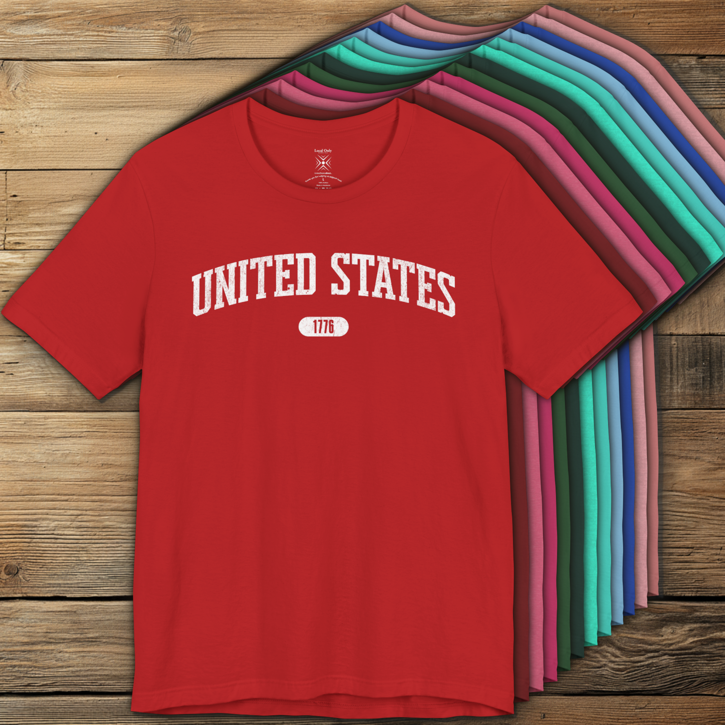 Colorful options of premium varsity tees with 'UNITED STATES 1776' in black.