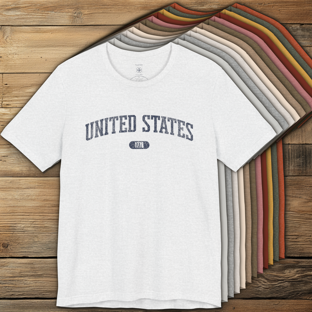 Color options of premium varsity tees with 'UNITED STATES 1776' in navy.