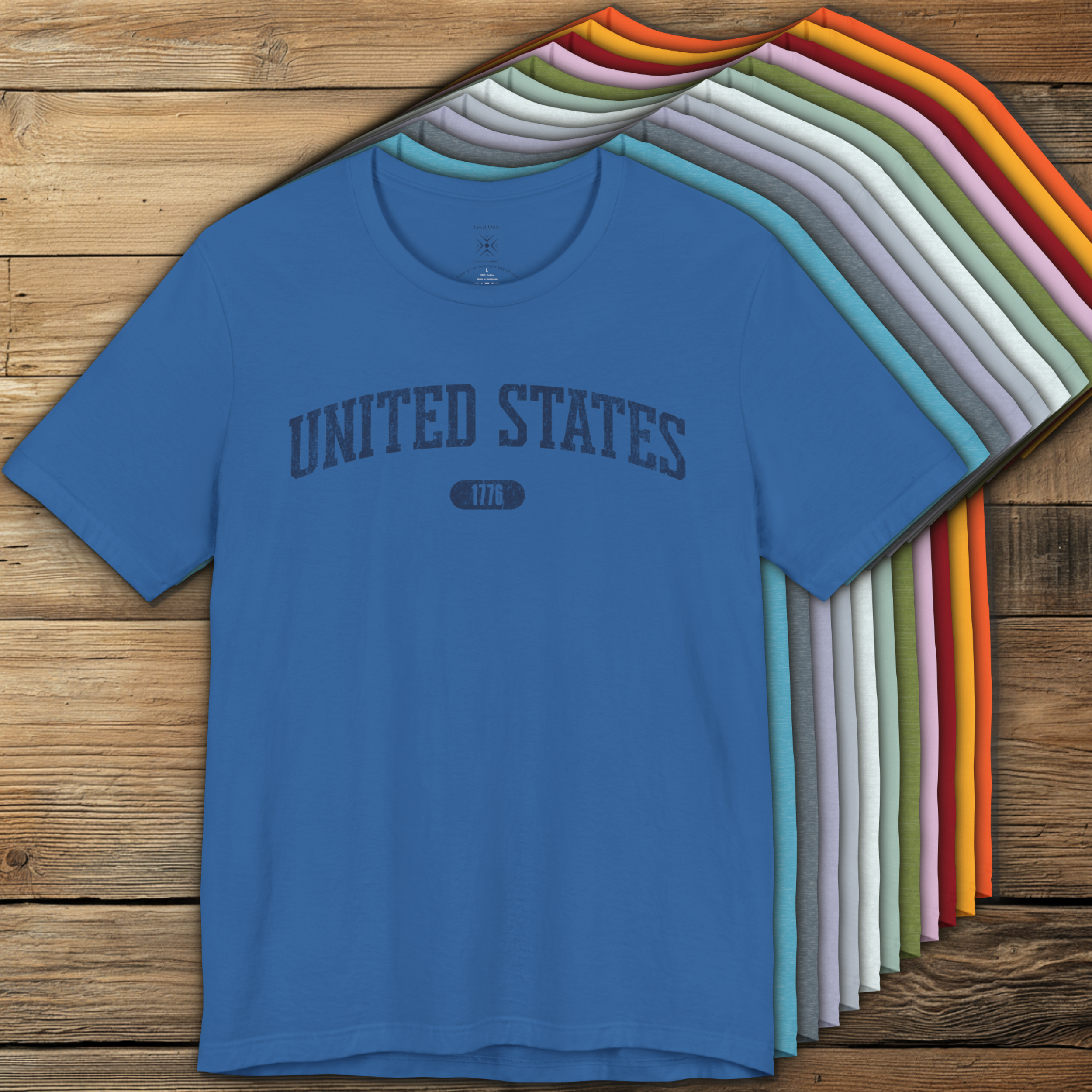 Colorful options of premium varsity tees with 'UNITED STATES 1776' in navy.