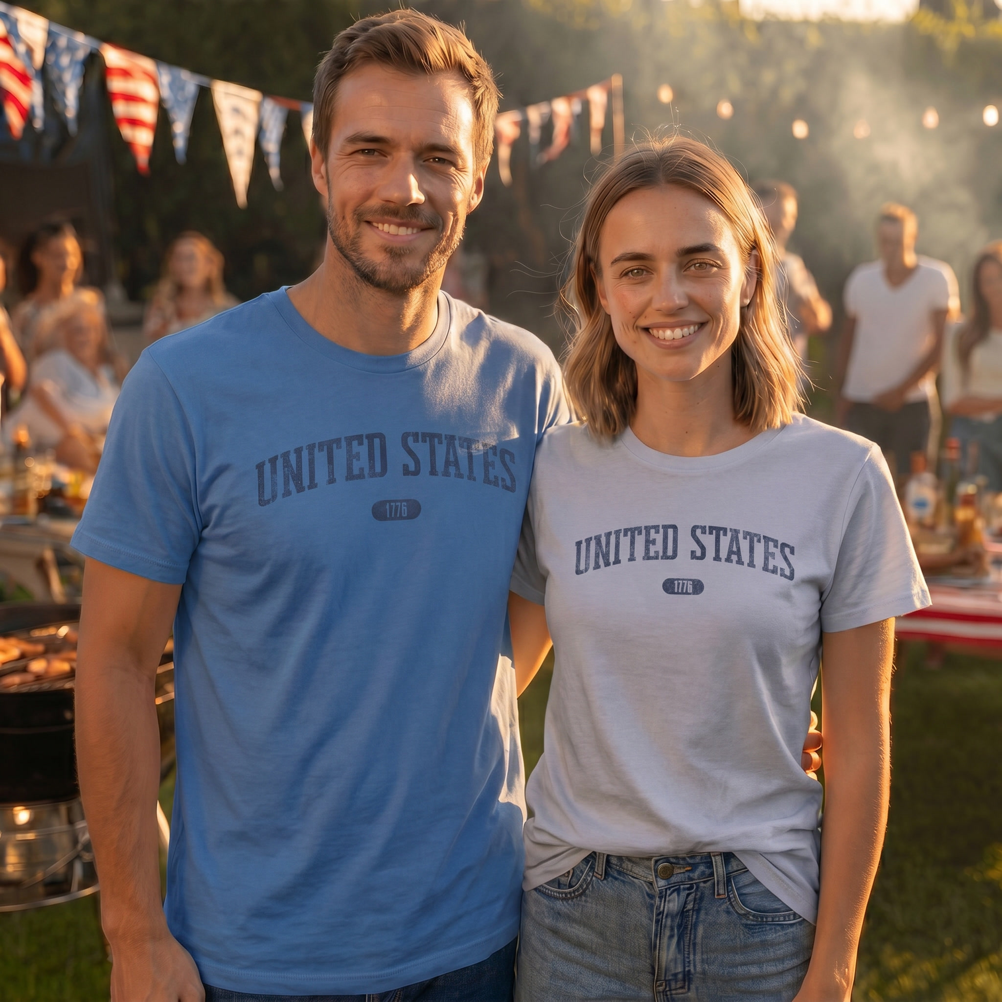 Couple wearing tees with 'UNITED STATES 1776' in navy collegiate text attending an all American cookout with friends and family.