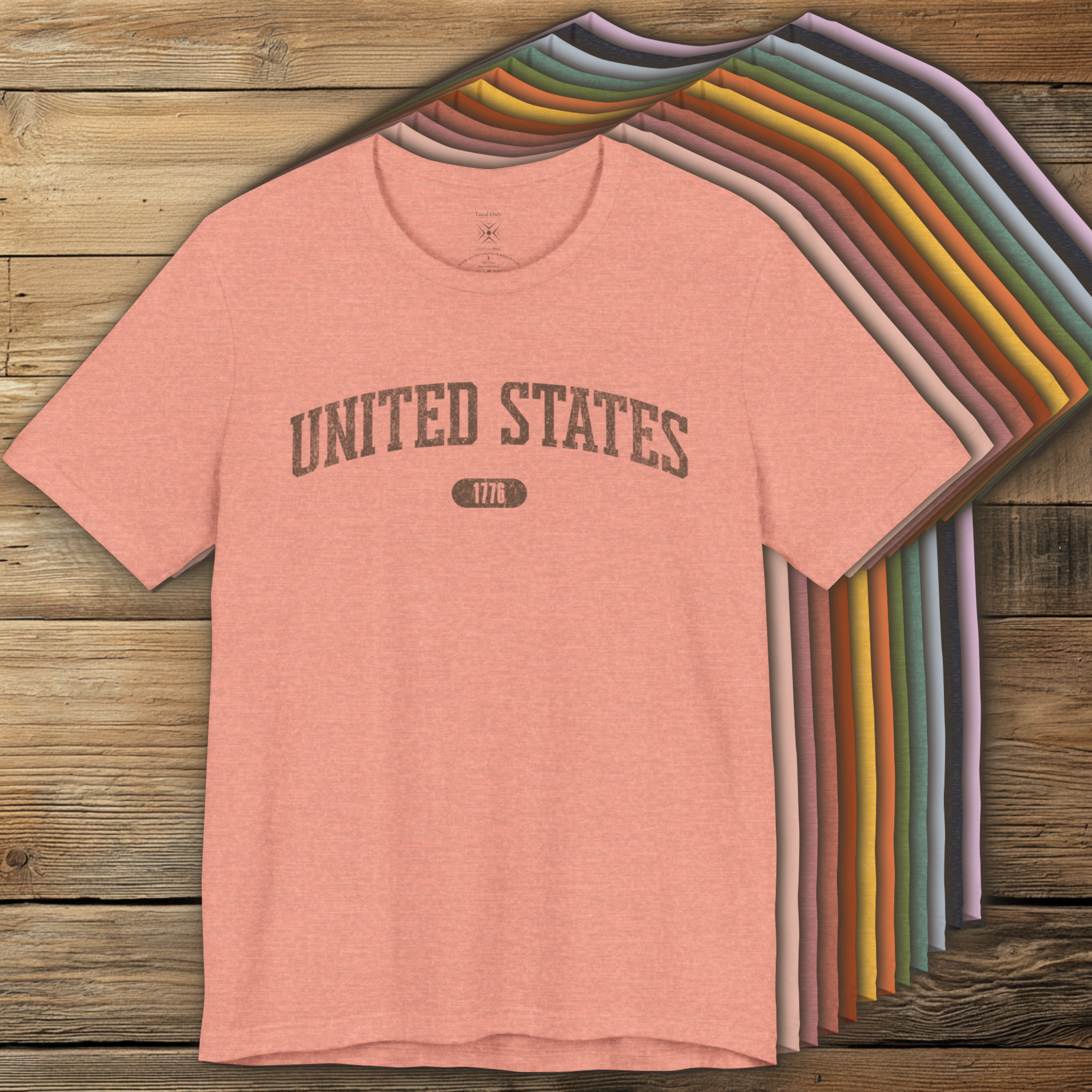 Colorful options of premium varsity tees with 'UNITED STATES 1776' in Washed Brown.