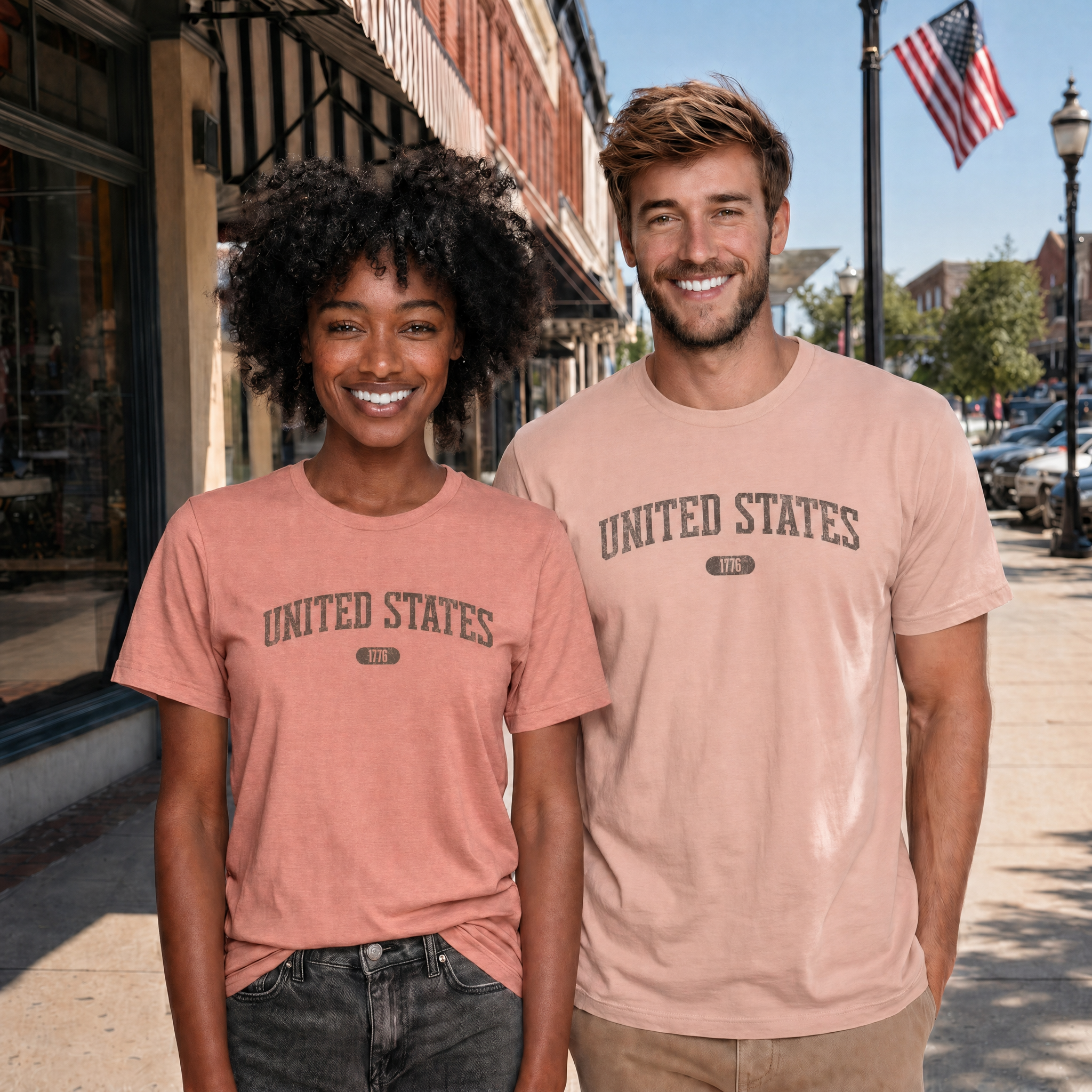 Woman and man wearing tees with 'UNITED STATES 1776' in brown collegiate text standing on a Main Street.
