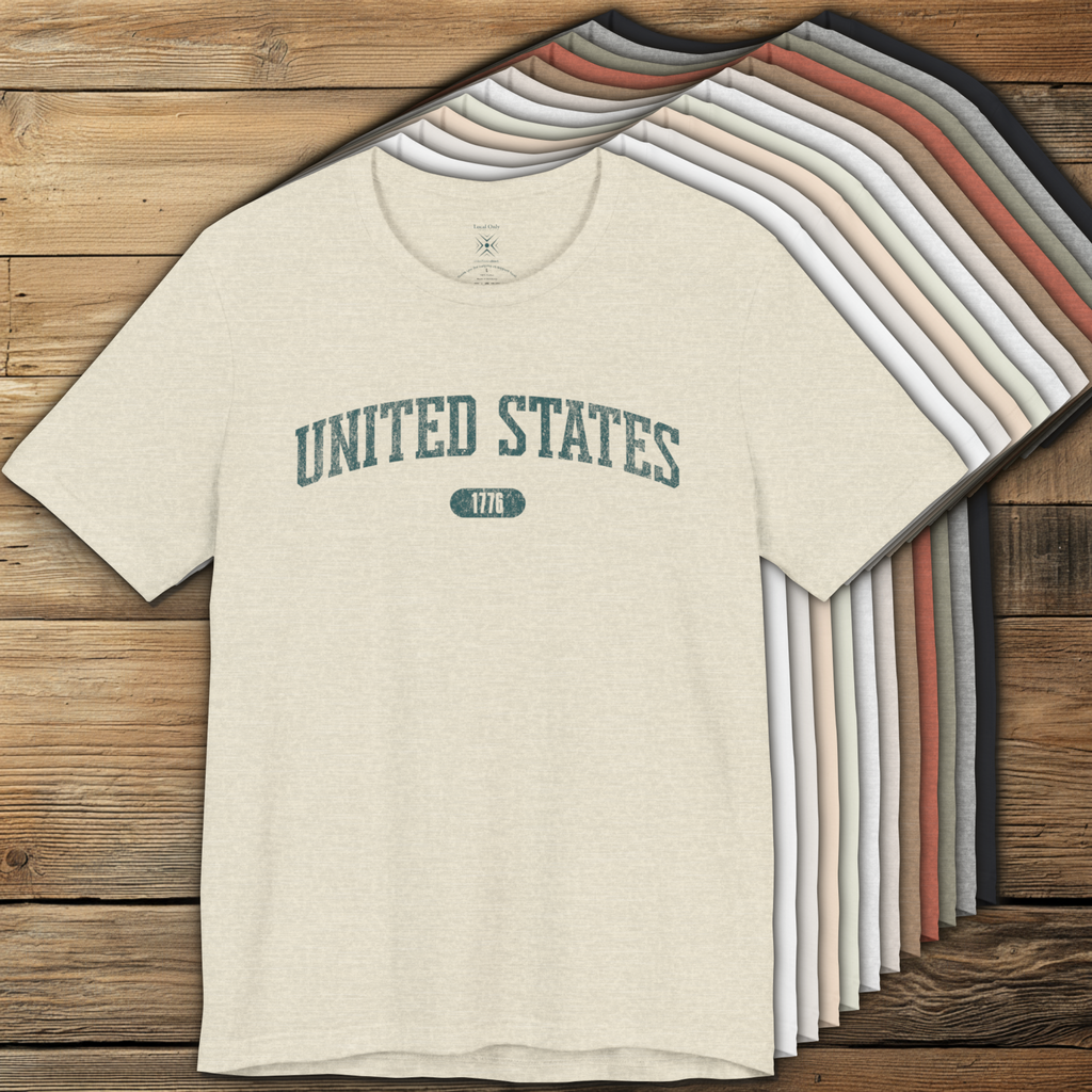 Color options of premium varsity tees with 'UNITED STATES 1776' in transformative teal.