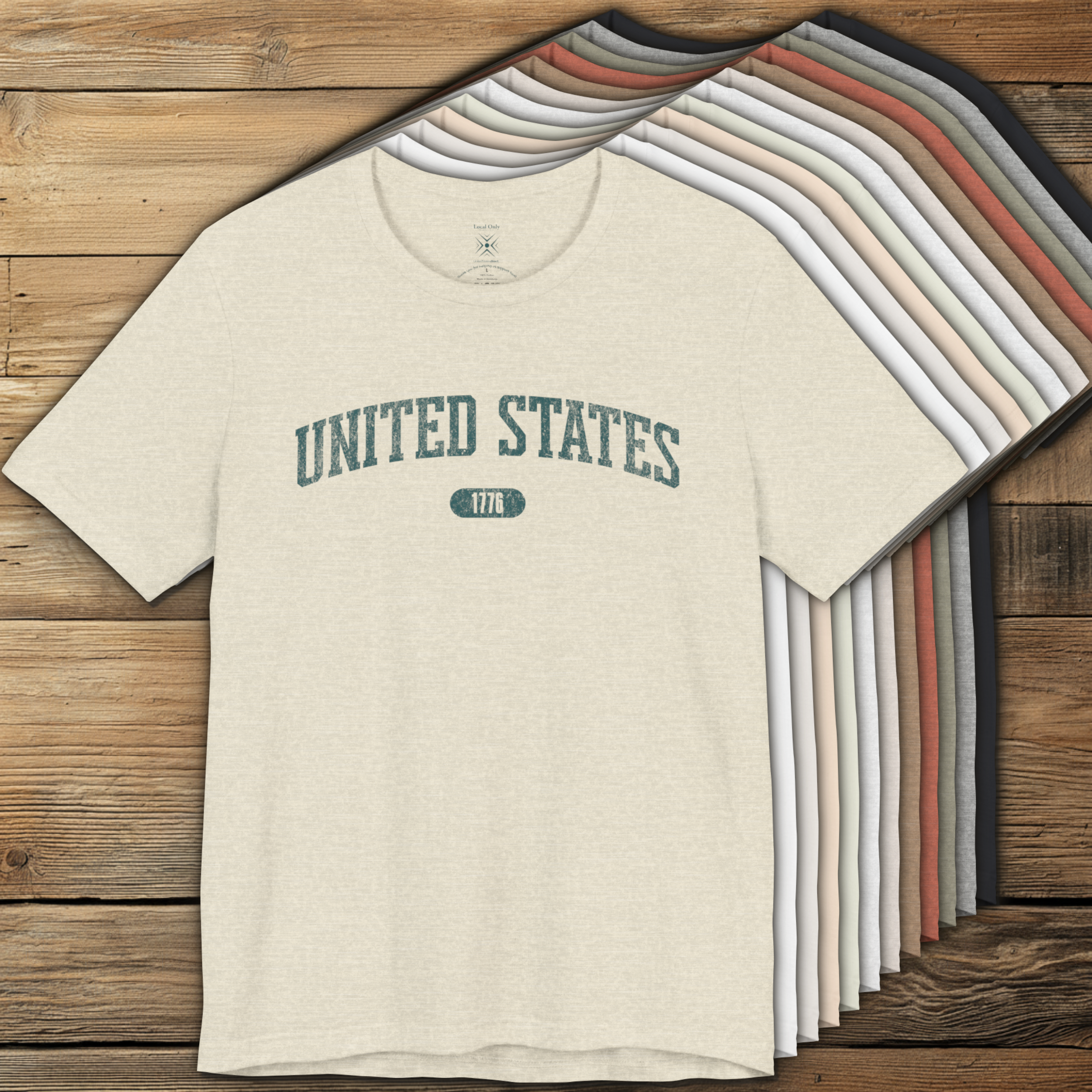 Color options of premium varsity tees with 'UNITED STATES 1776' in transformative teal.