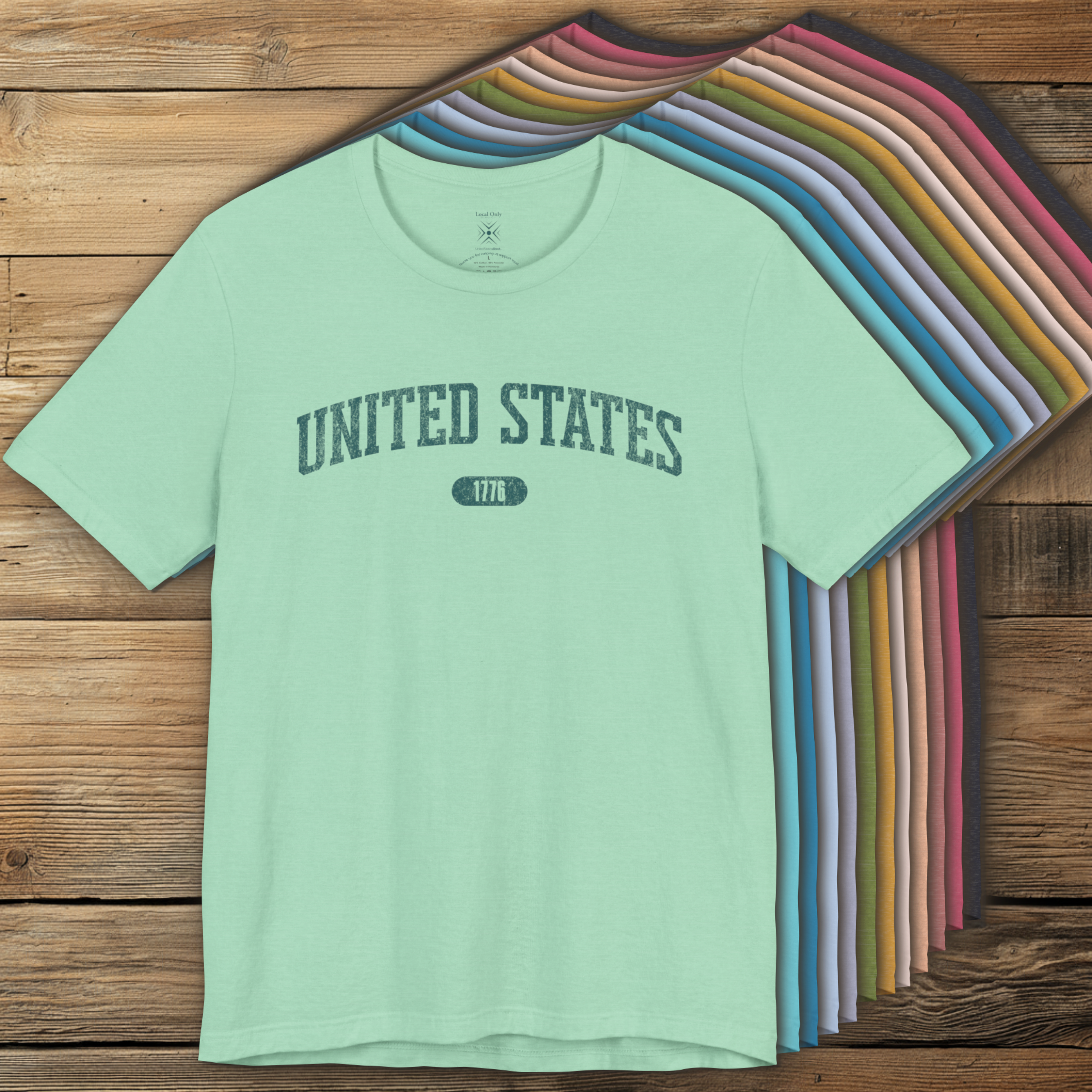 Colorful options of premium varsity tees with 'UNITED STATES 1776' in transformative teal.