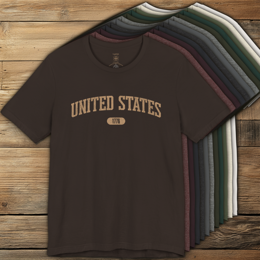 Color options of premium varsity tees with 'UNITED STATES 1776' in warm tan.