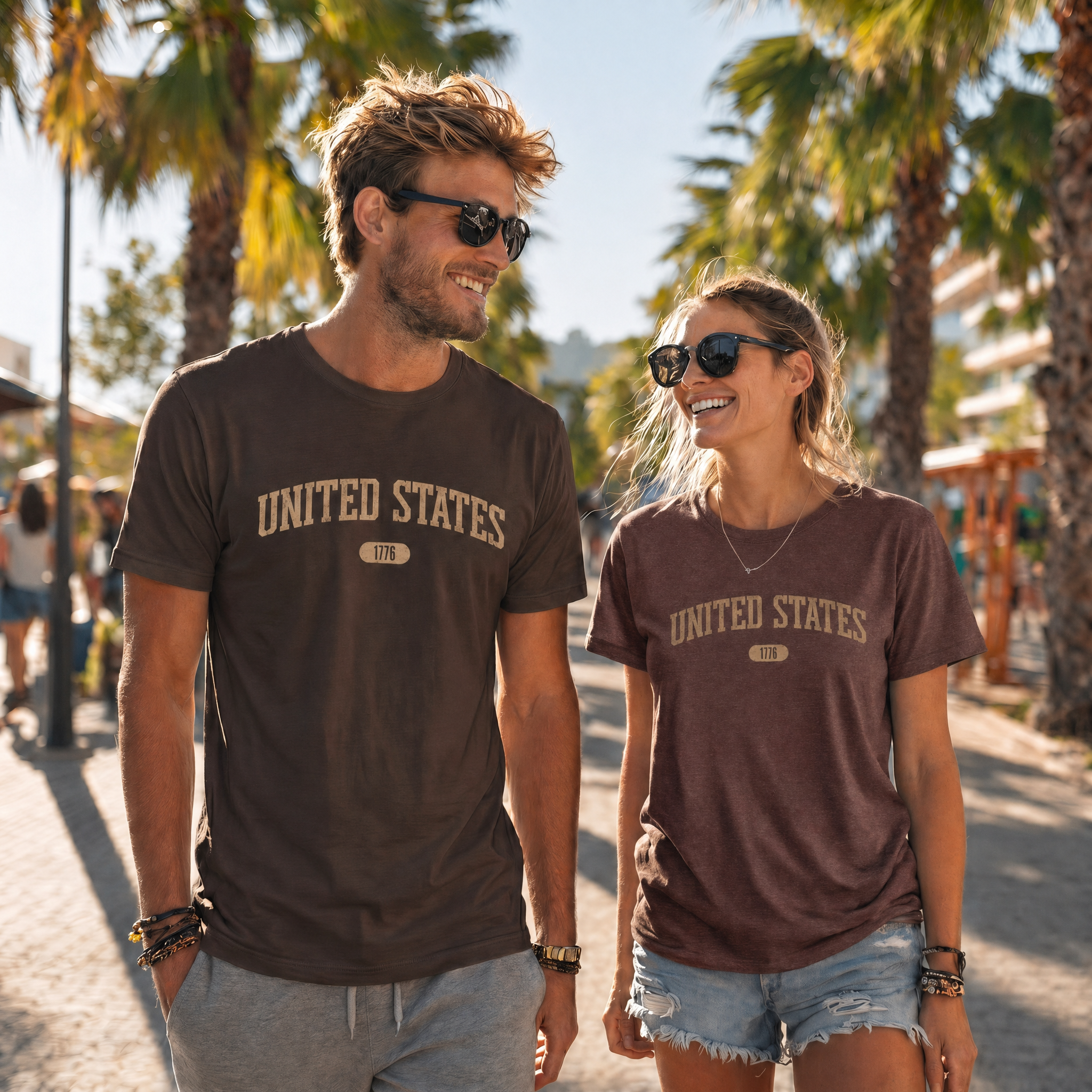 Woman and man wearing tees with 'UNITED STATES 1776' in tan collegiate text walking a palm lined promenade.