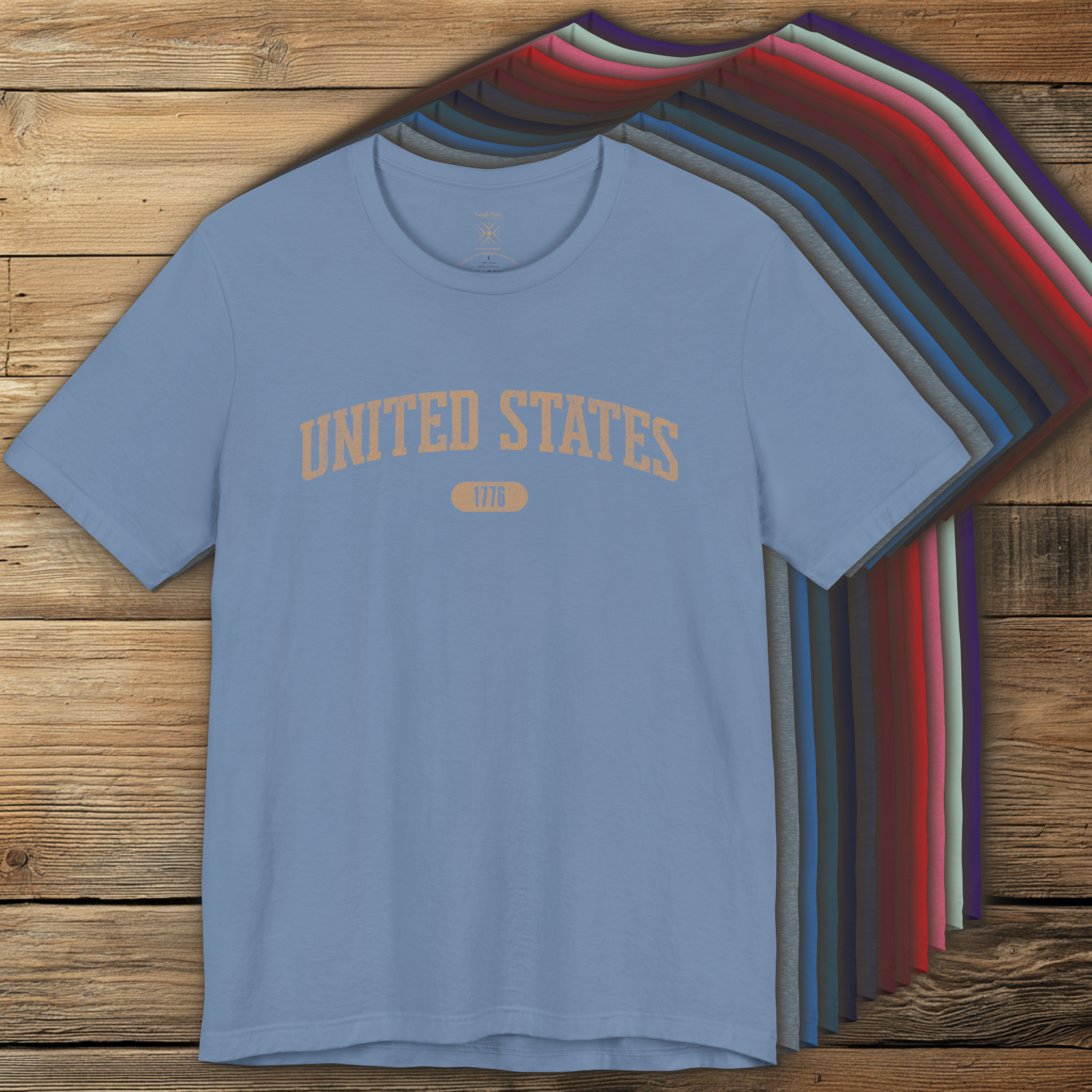 Colorful options of premium varsity tees with 'UNITED STATES 1776' in warm tan.