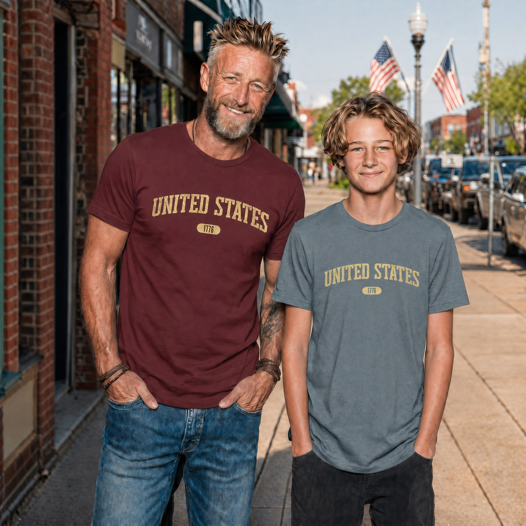 Father and son wearing tees with 'UNITED STATES 1776' in yellow collegiate text standing on a small town Main Street.