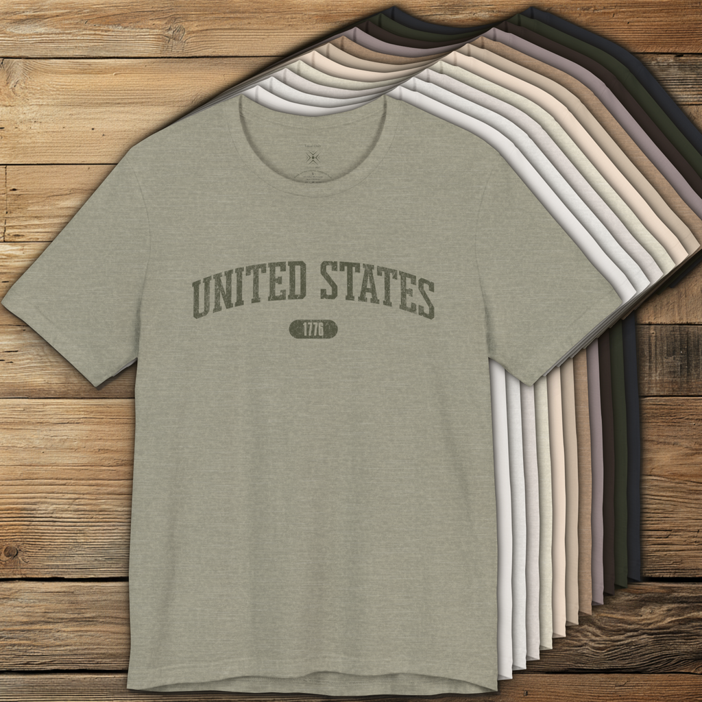 Color options of premium varsity tees with 'UNITED STATES 1776' in olive green.
