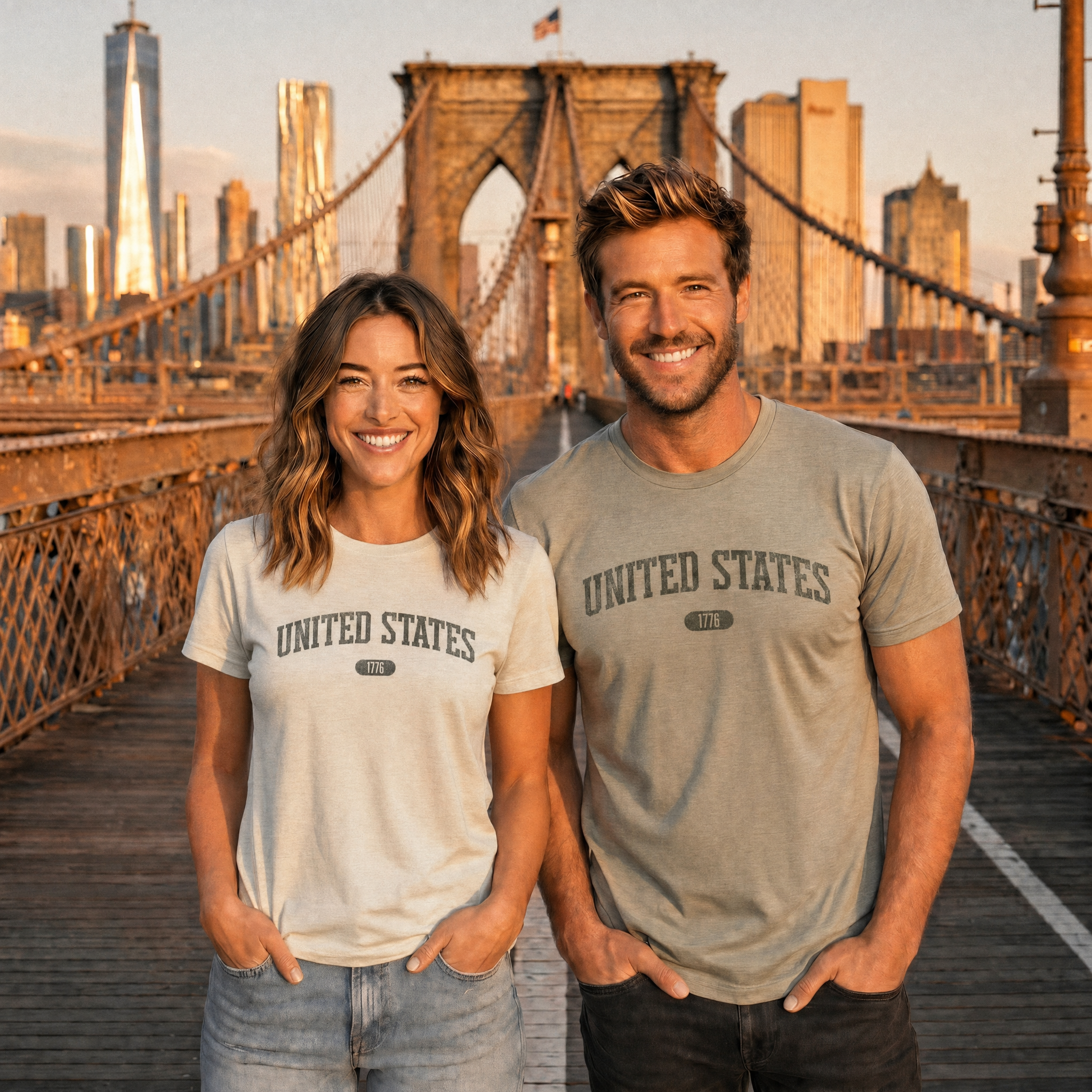 Woman and man wearing tees with 'UNITED STATES 1776' in olive green collegiate text standing on the Brooklyn Bridge Pedestrian Walkway.
