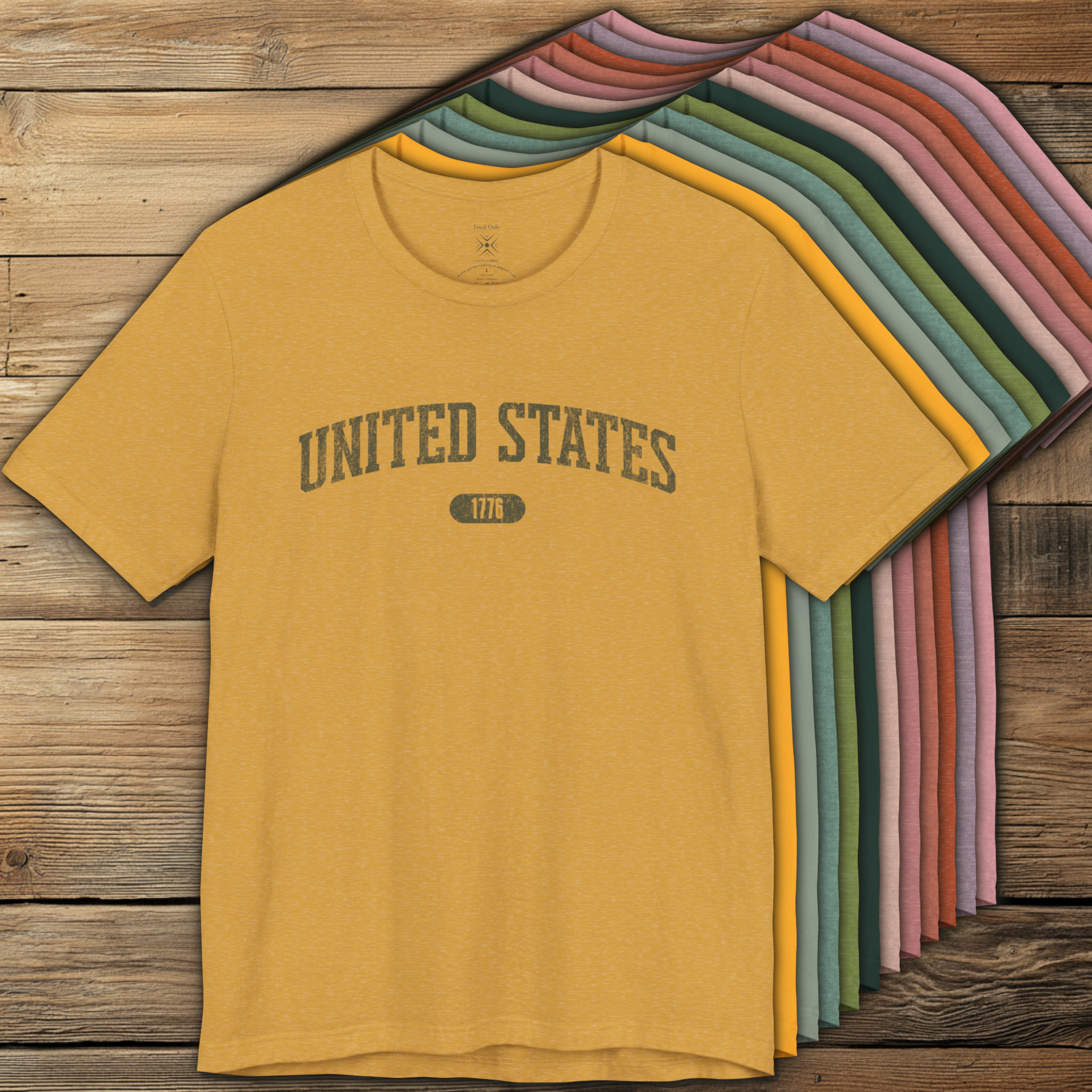 Colorful options of premium varsity tees with 'UNITED STATES 1776' in olive green.