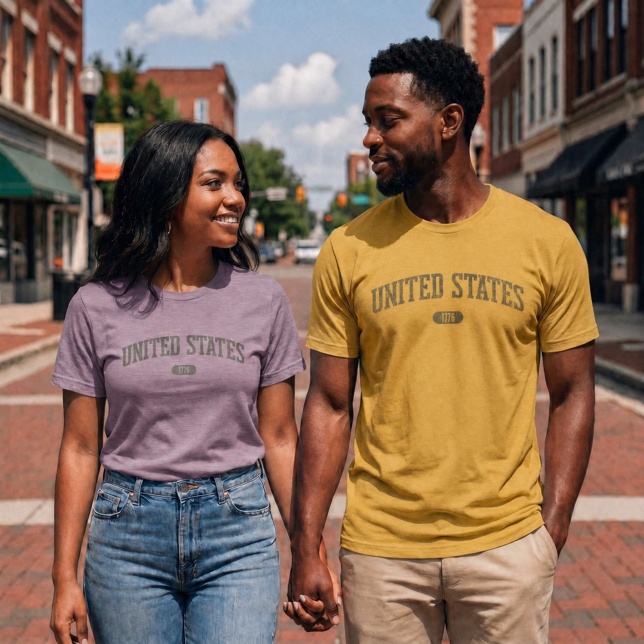 Woman and man wearing tees with 'UNITED STATES 1776' in olive green collegiate text walking down Main Street.