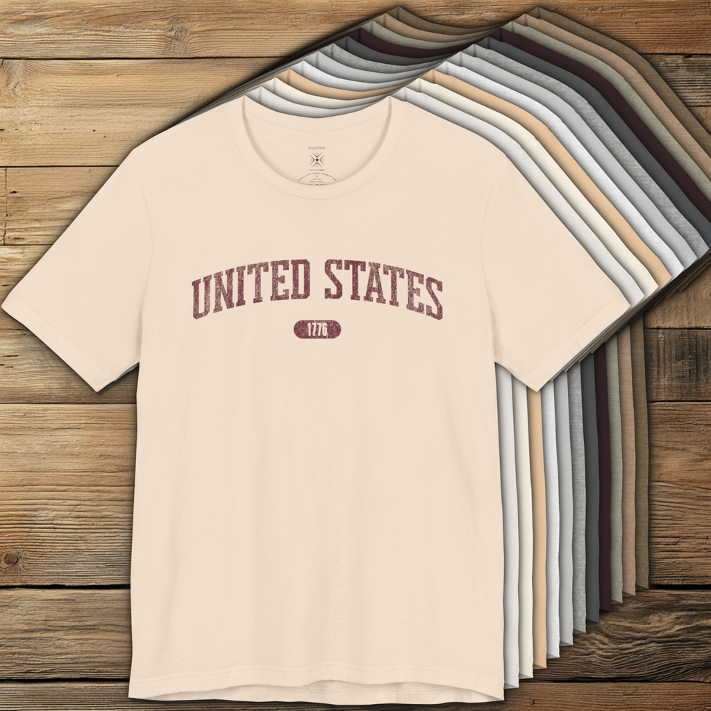 Color options of premium varsity tees with 'UNITED STATES 1776' in burgundy.