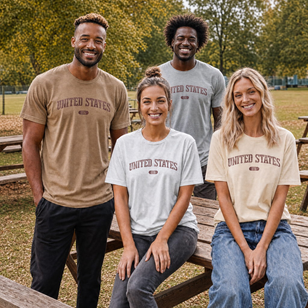 Two women and two men wearing tees with 'UNITED STATES 1776' in burgundy collegiate text in a park.