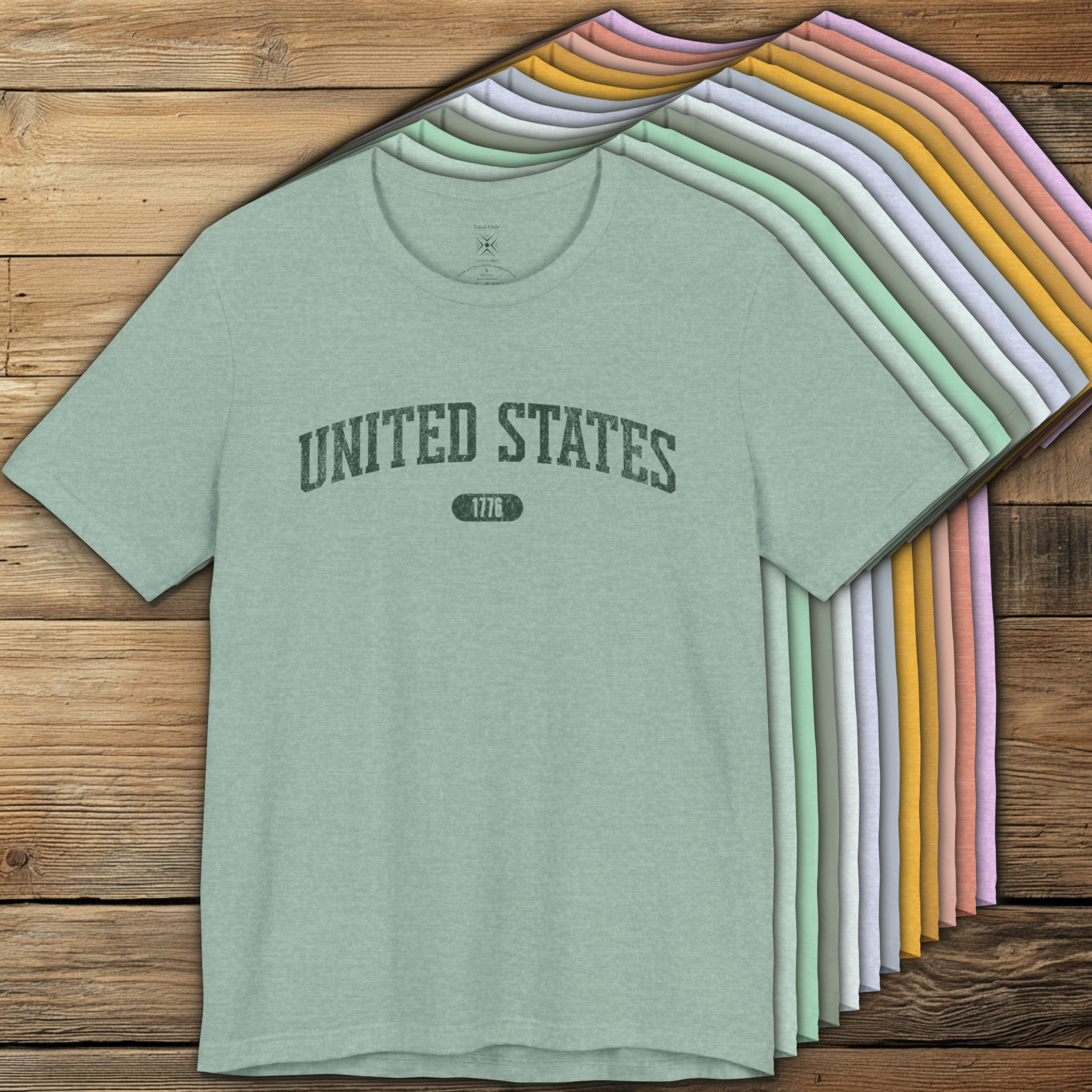 Colorful options of premium varsity tees with 'UNITED STATES 1776' in forest green.