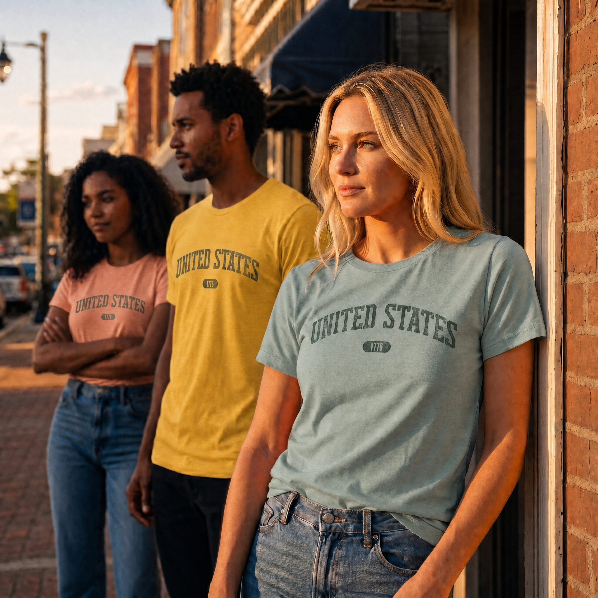 Two women and a man wearing tees with 'UNITED STATES 1776' in forest green collegiate text on Main Street.