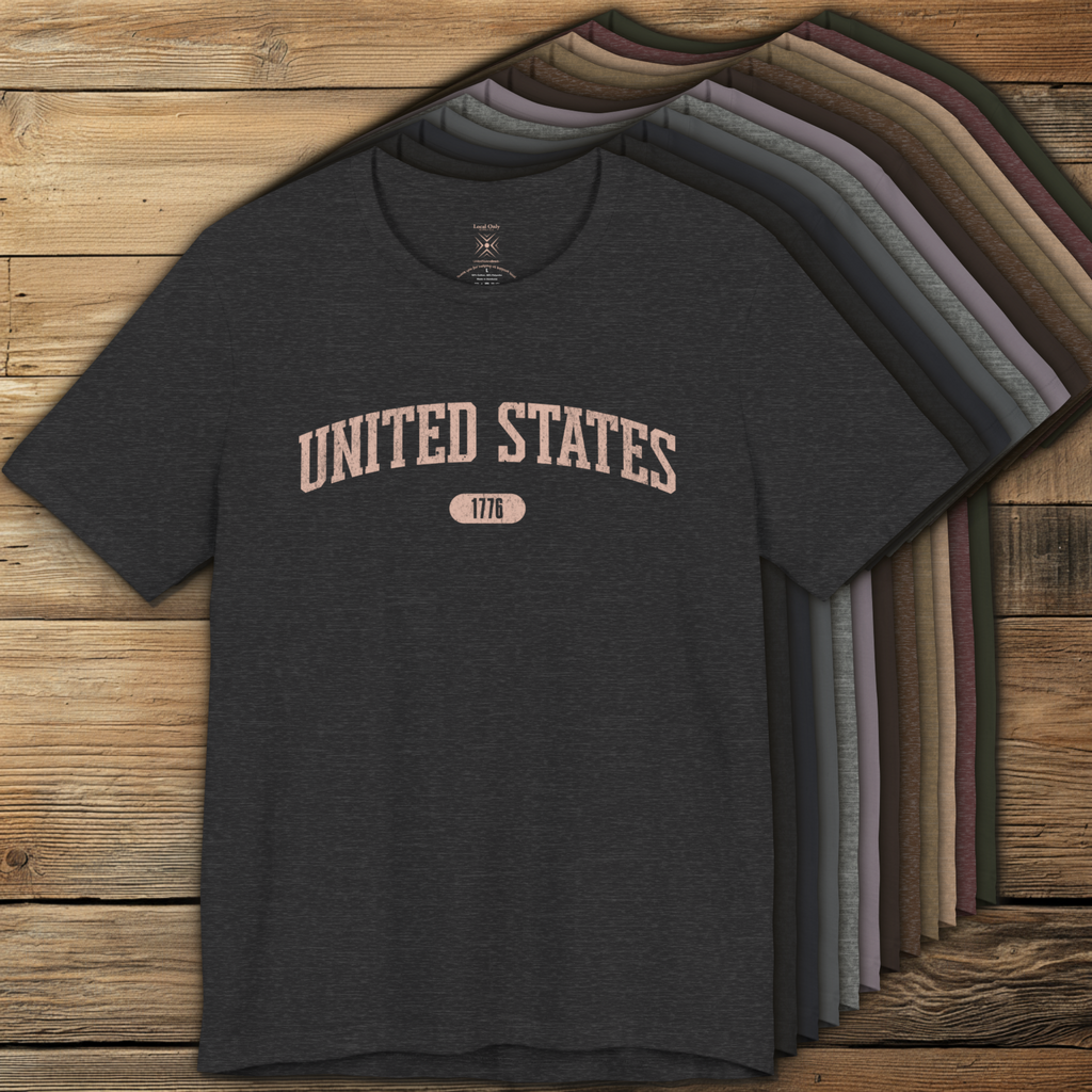 Color options of premium varsity tees with 'UNITED STATES 1776' in transcendent pink.