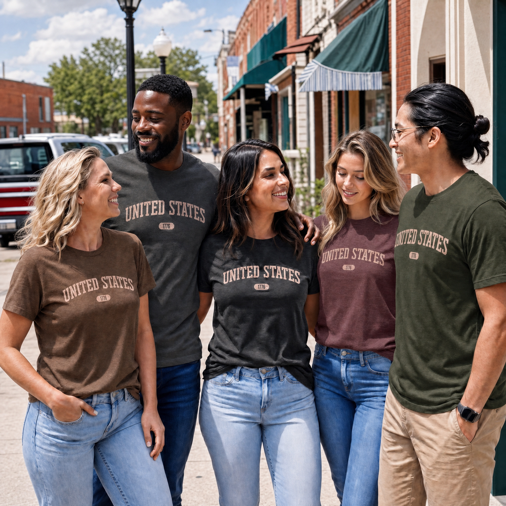 Three women and two men wearing tees with 'UNITED STATES 1776' in transcendent pink collegiate text on Main Street.