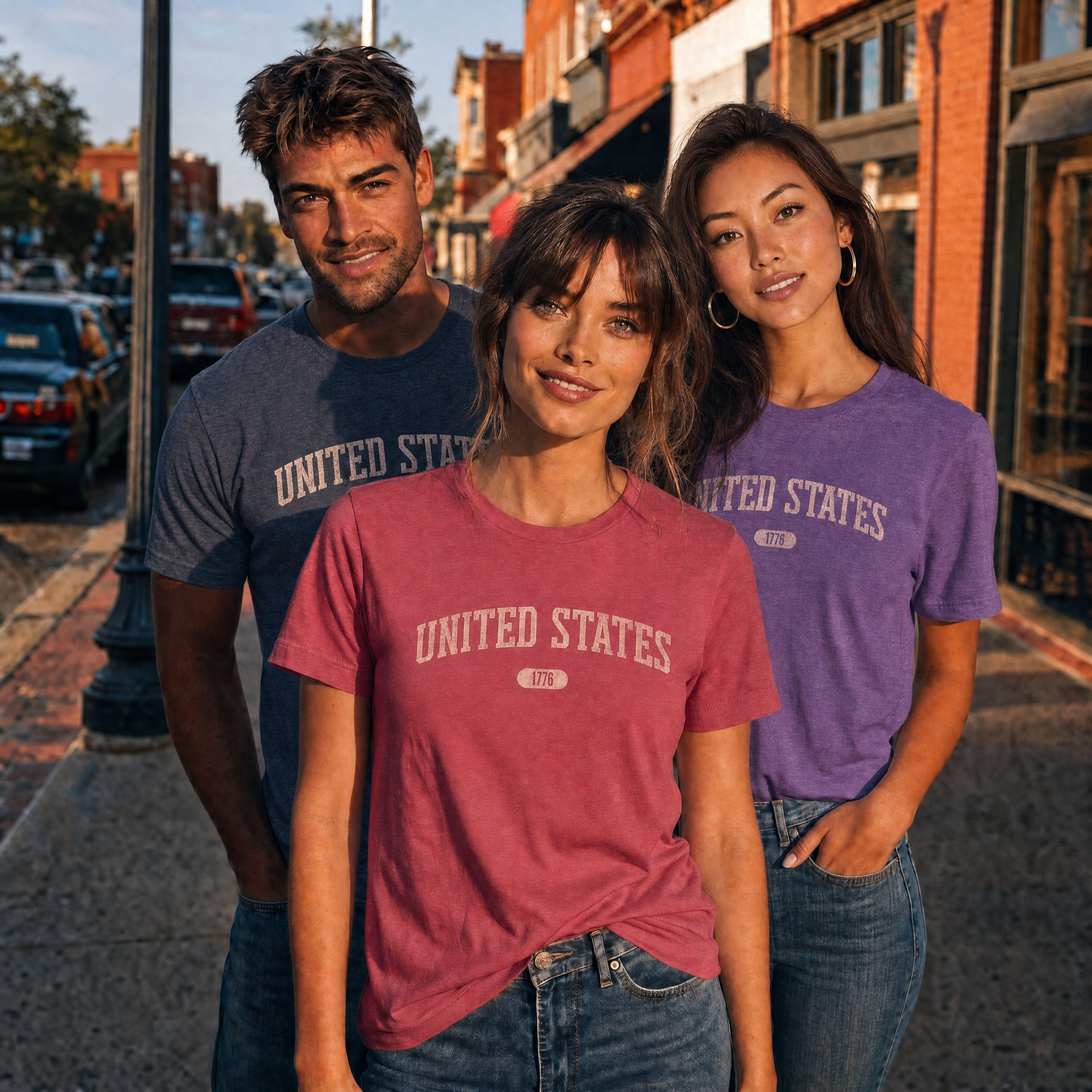 Two women and one man wearing t-shirts with 'UNITED STATES 1776' in transcendent pink collegiate text on a downtown street.