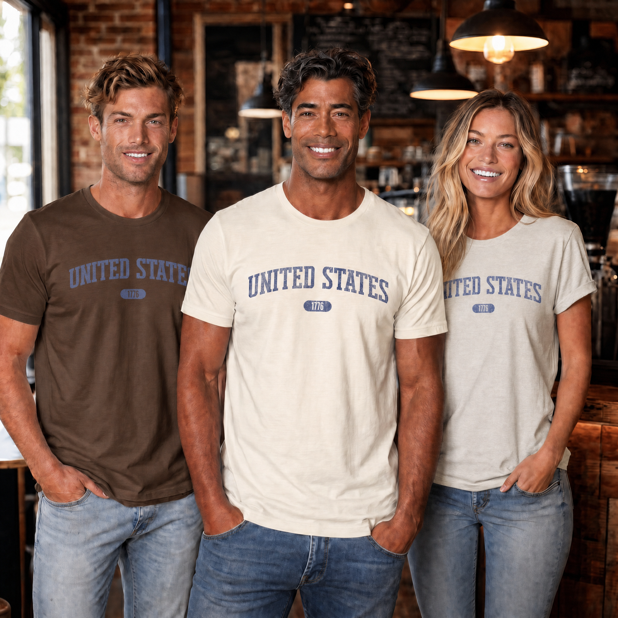 One women and two men wearing t-shirts with 'UNITED STATES 1776' in muted cornflower blue collegiate text in a local coffee shop.