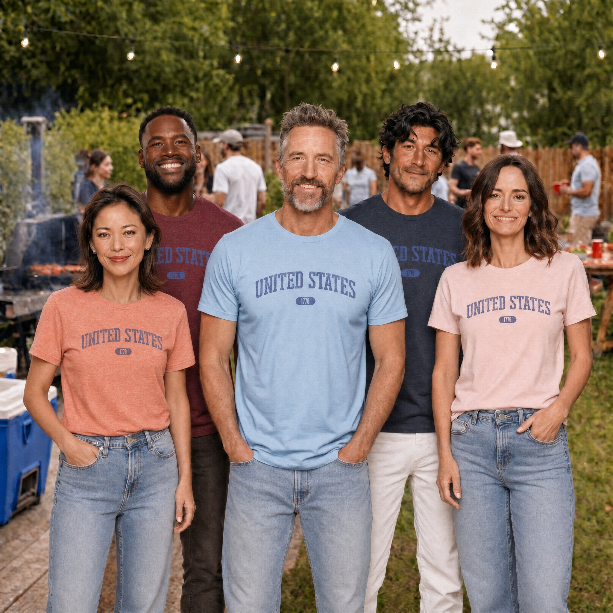 Two women and three men wearing t-shirts with 'UNITED STATES 1776' in muted cornflower blue collegiate text attending a backyard BBQ.