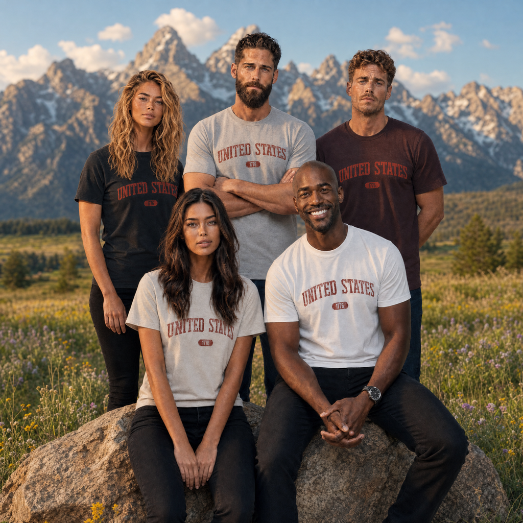 Two women and three men wearing t-shirts with 'UNITED STATES 1776' in muted brick red collegiate text posed in a wildflower meadow beneath the Teton range.