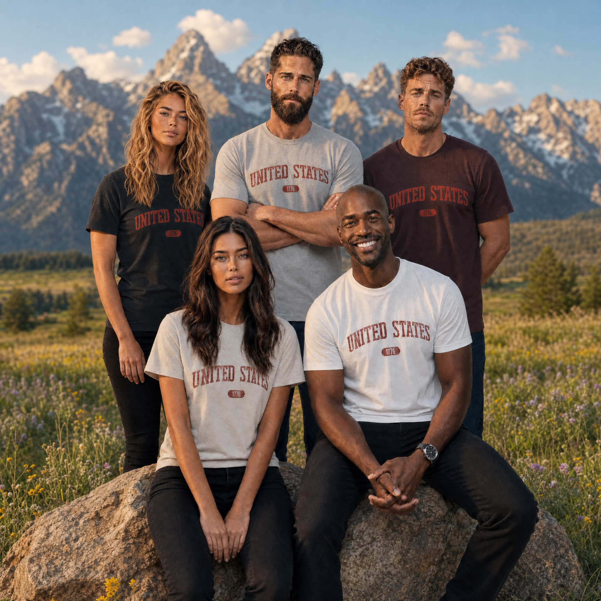 Two women and three men wearing t-shirts with 'UNITED STATES 1776' in muted brick red collegiate text posed in a wildflower meadow beneath the Teton range.