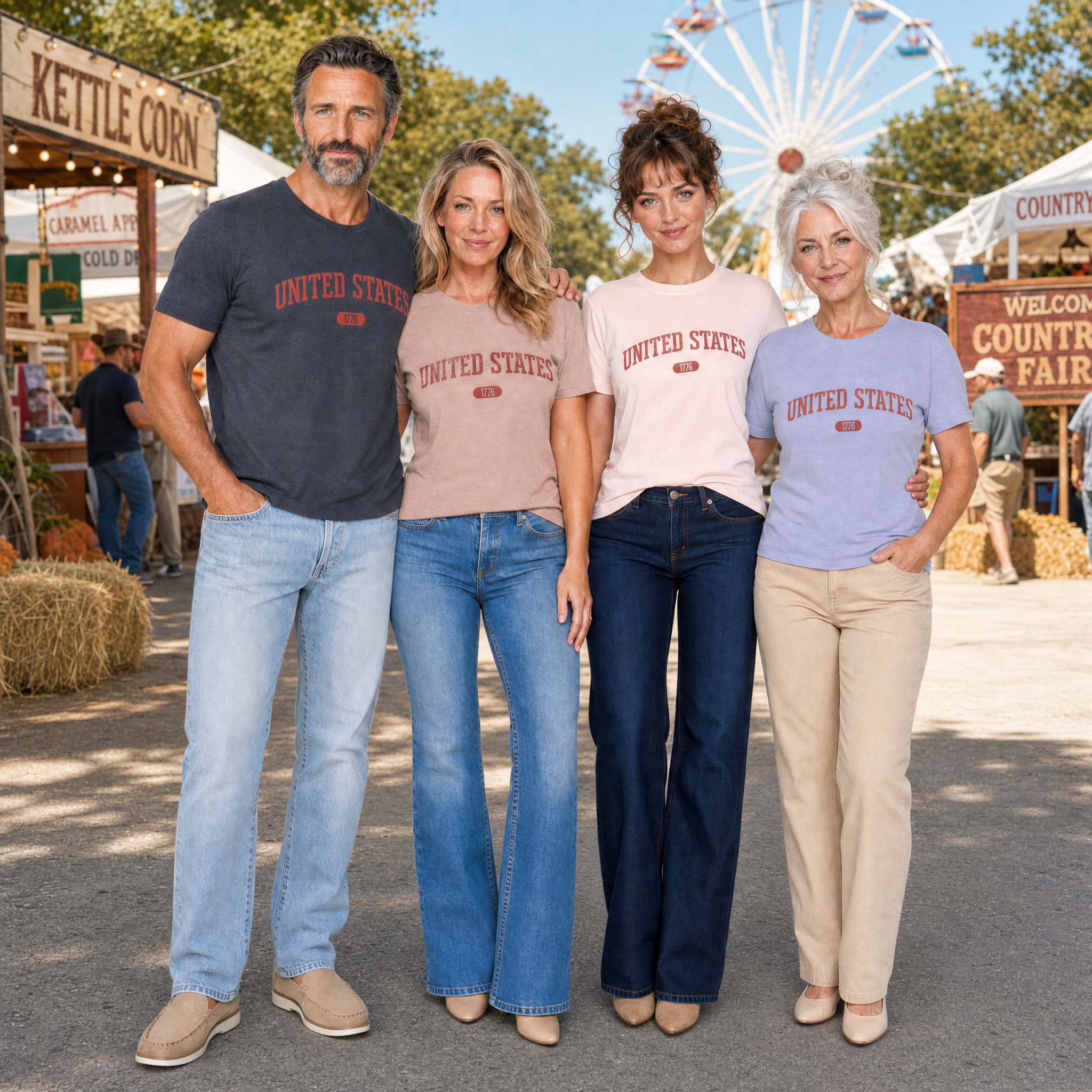 Five family members wearing tees with 'UNITED STATES 1776' in red collegiate text attending a local country fair.