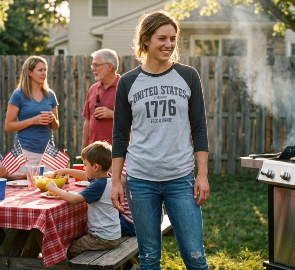 United States 1776 Free & Brave Retro Varsity Raglan Shirt – Charcoal Graphic – Heather Gray with Vintage Black