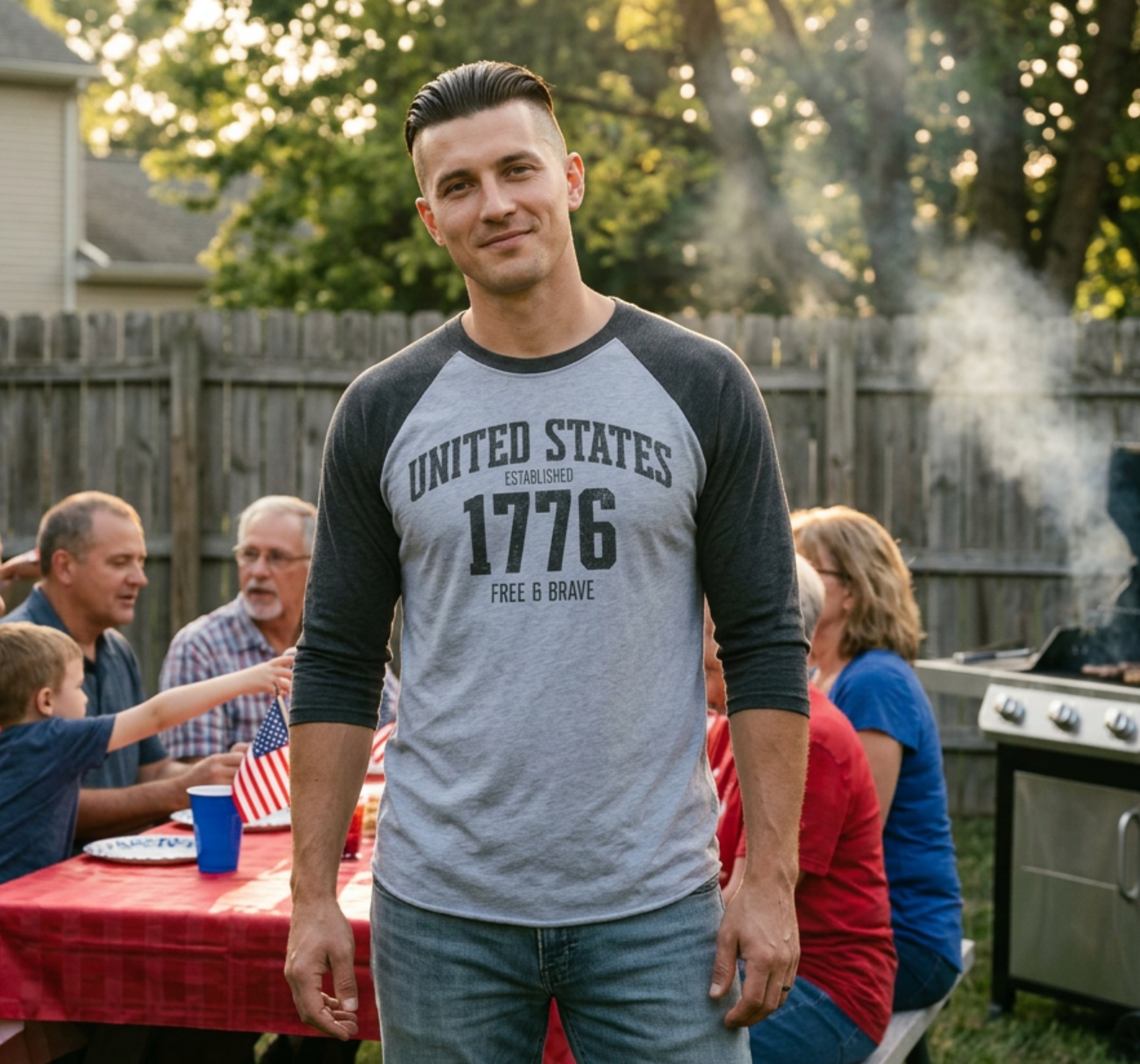 United States 1776 Free & Brave Retro Varsity Raglan Shirt – Charcoal Graphic – Heather Gray with Vintage Black