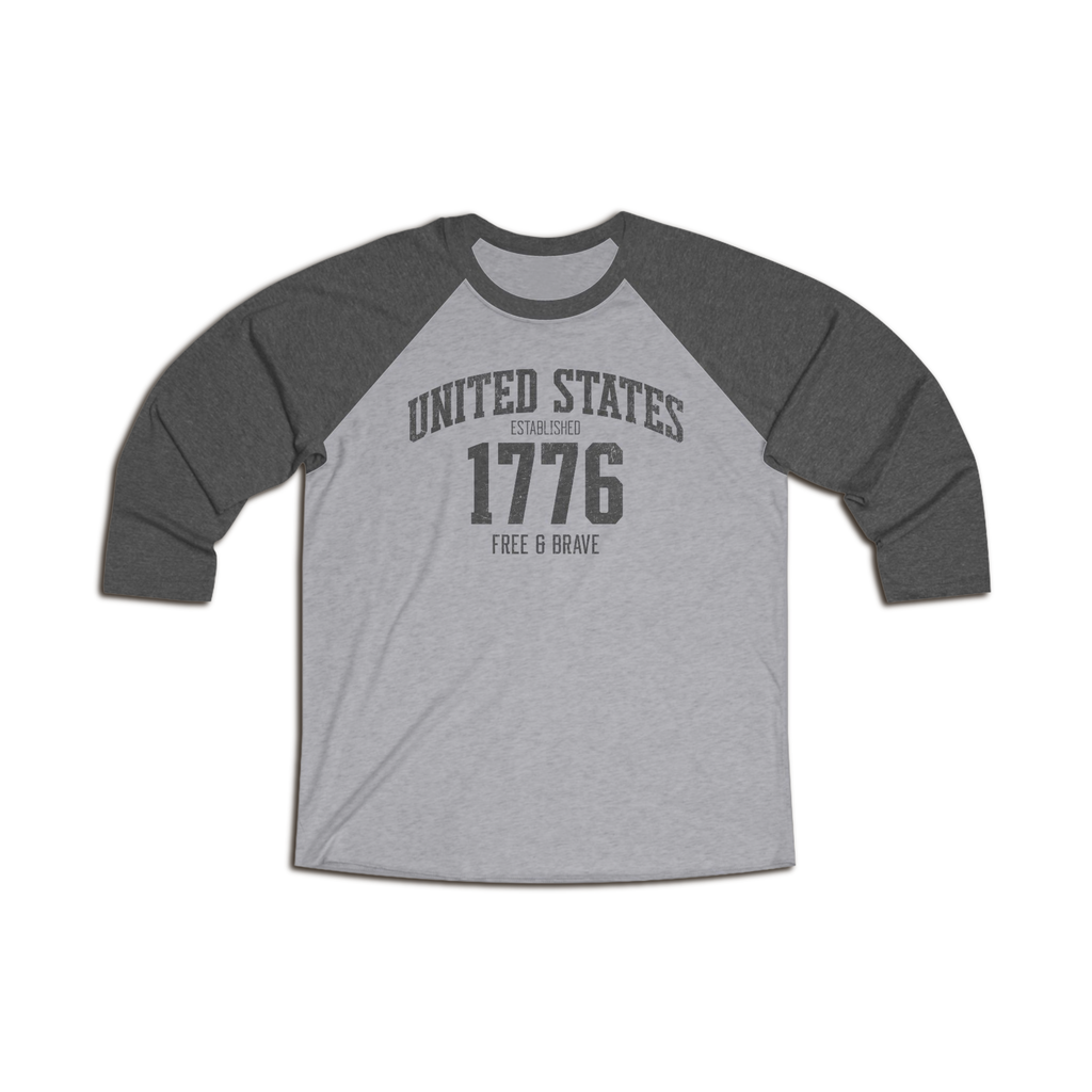 United States 1776 Free & Brave Retro Varsity Raglan Shirt – Charcoal Graphic – Heather Gray with Vintage Black