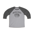 United States 1776 Free & Brave Retro Varsity Raglan Shirt – Charcoal Graphic – Heather Gray with Vintage Black