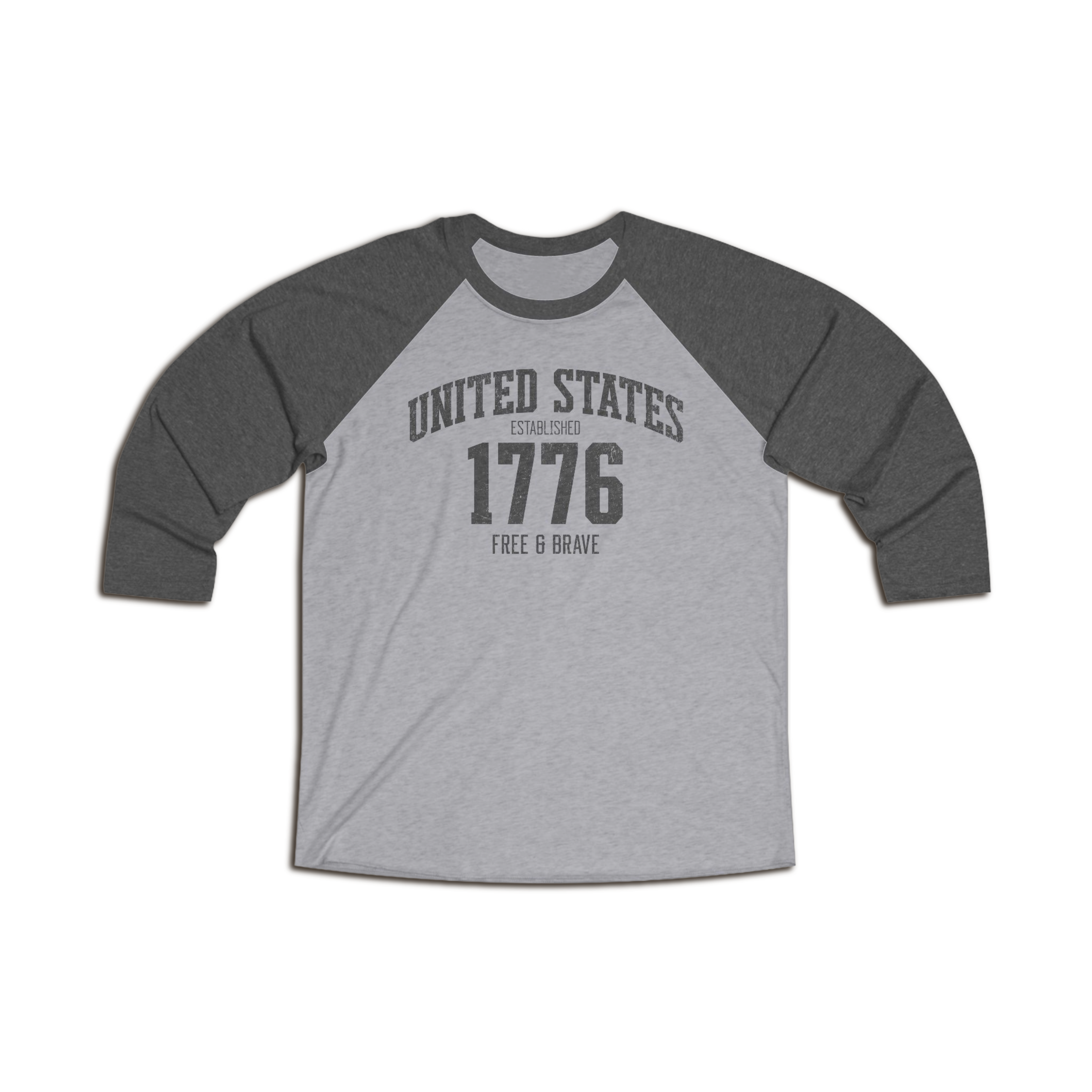 United States 1776 Free & Brave Retro Varsity Raglan Shirt – Charcoal Graphic – Heather Gray with Vintage Black