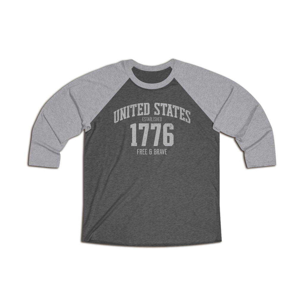 United States 1776 Free & Brave Retro Varsity Raglan Shirt – Silver Gray Graphic – Vintage Black with Heather Gray