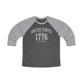 United States 1776 Free & Brave Retro Varsity Raglan Shirt – Silver Gray Graphic – Vintage Black with Heather Gray