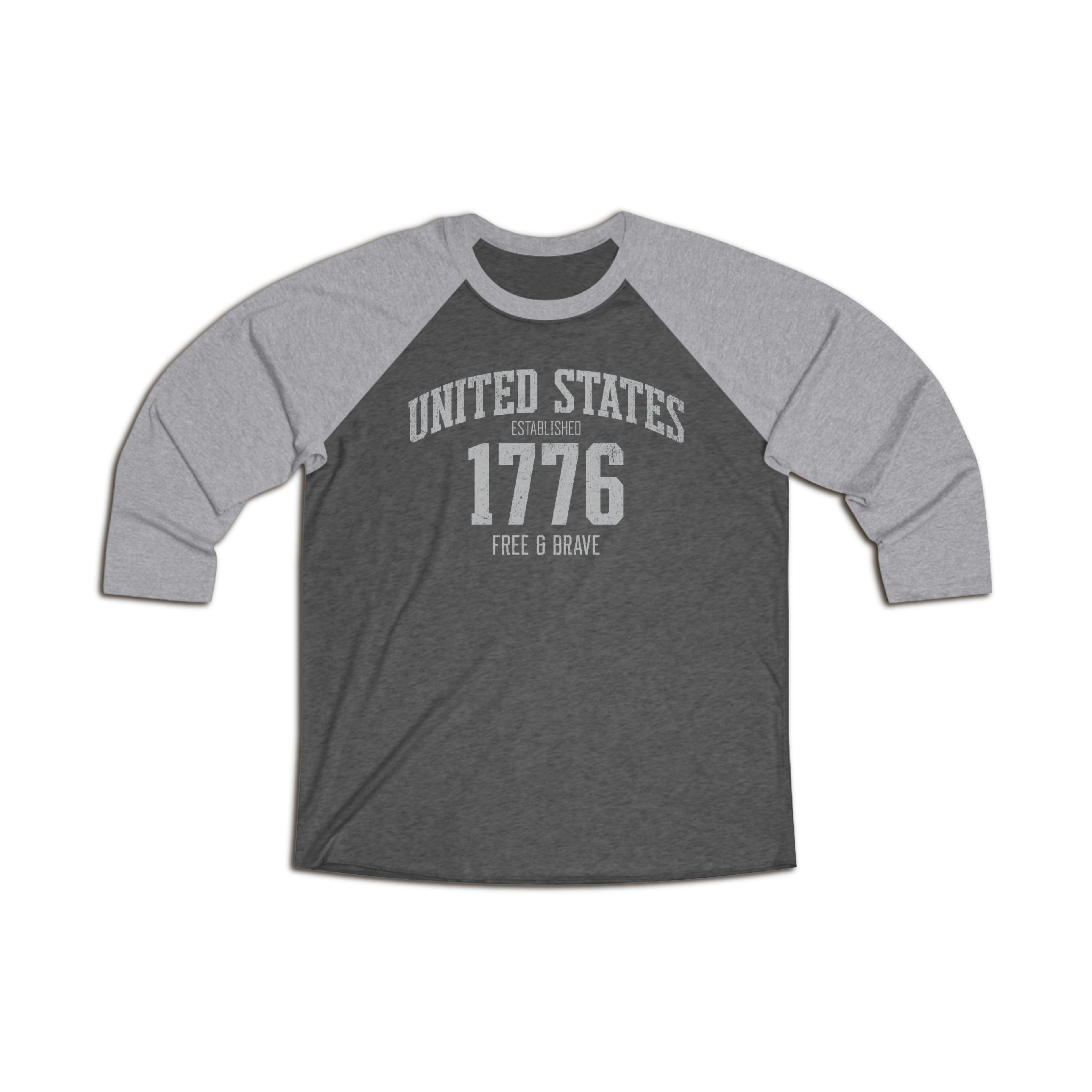 United States 1776 Free & Brave Retro Varsity Raglan Shirt – Silver Gray Graphic – Vintage Black with Heather Gray
