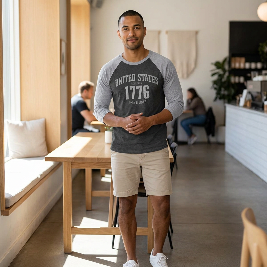 United States 1776 Free & Brave Retro Varsity Raglan Shirt – Silver Gray Graphic – Vintage Black with Heather Gray