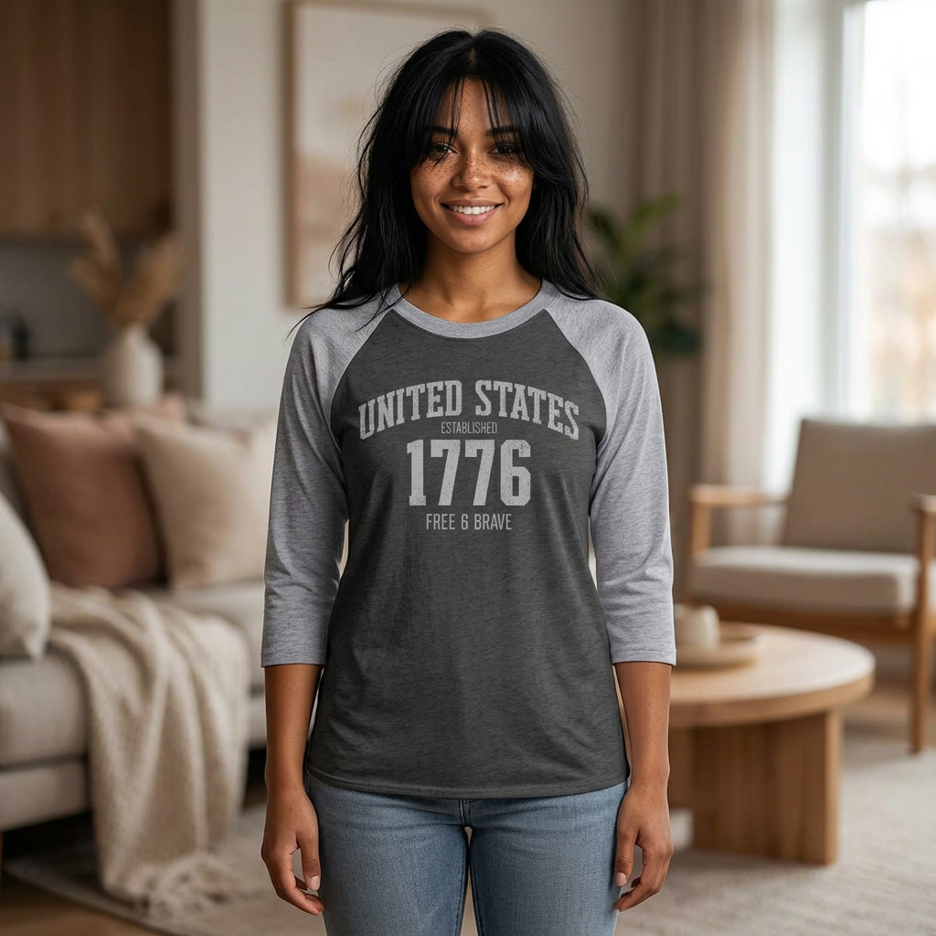 United States 1776 Free & Brave Retro Varsity Raglan Shirt – Silver Gray Graphic – Vintage Black with Heather Gray