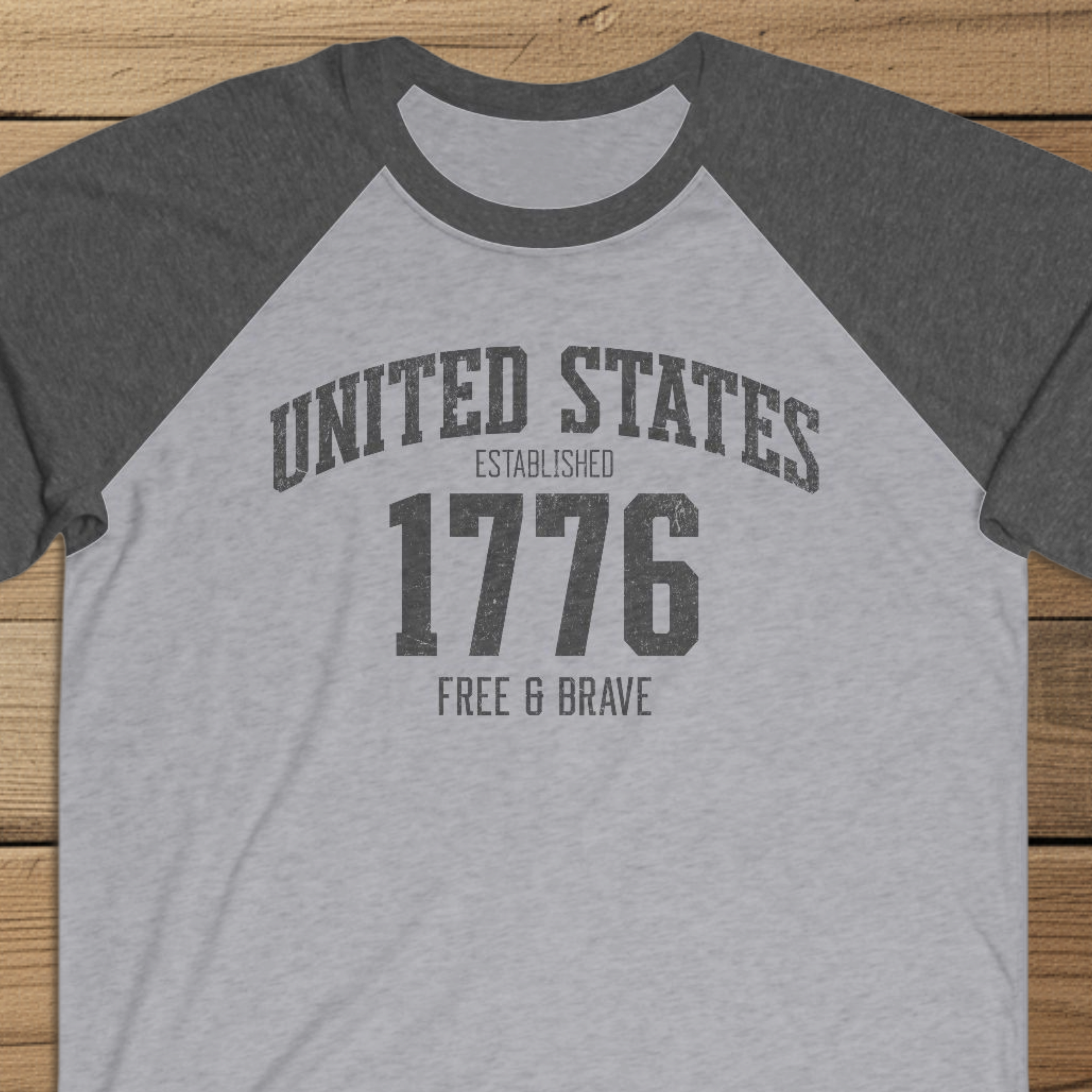United States 1776 Free & Brave Retro Varsity Raglan Shirt – Charcoal Graphic – Heather Gray with Vintage Black