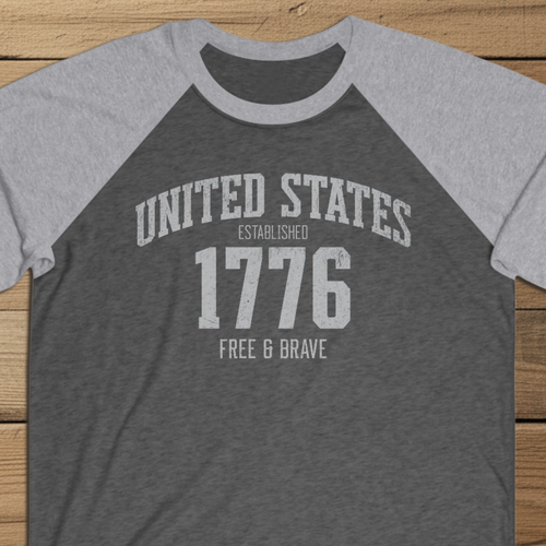 United States 1776 Free & Brave Retro Varsity Raglan Shirt – Silver Gray Graphic – Vintage Black with Heather Gray