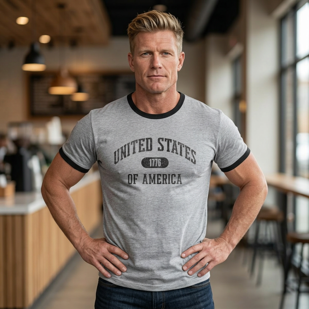 United States of America 1776 Vintage Collegiate Ringer Tee – Black Graphic – Neutrals with Black Trim