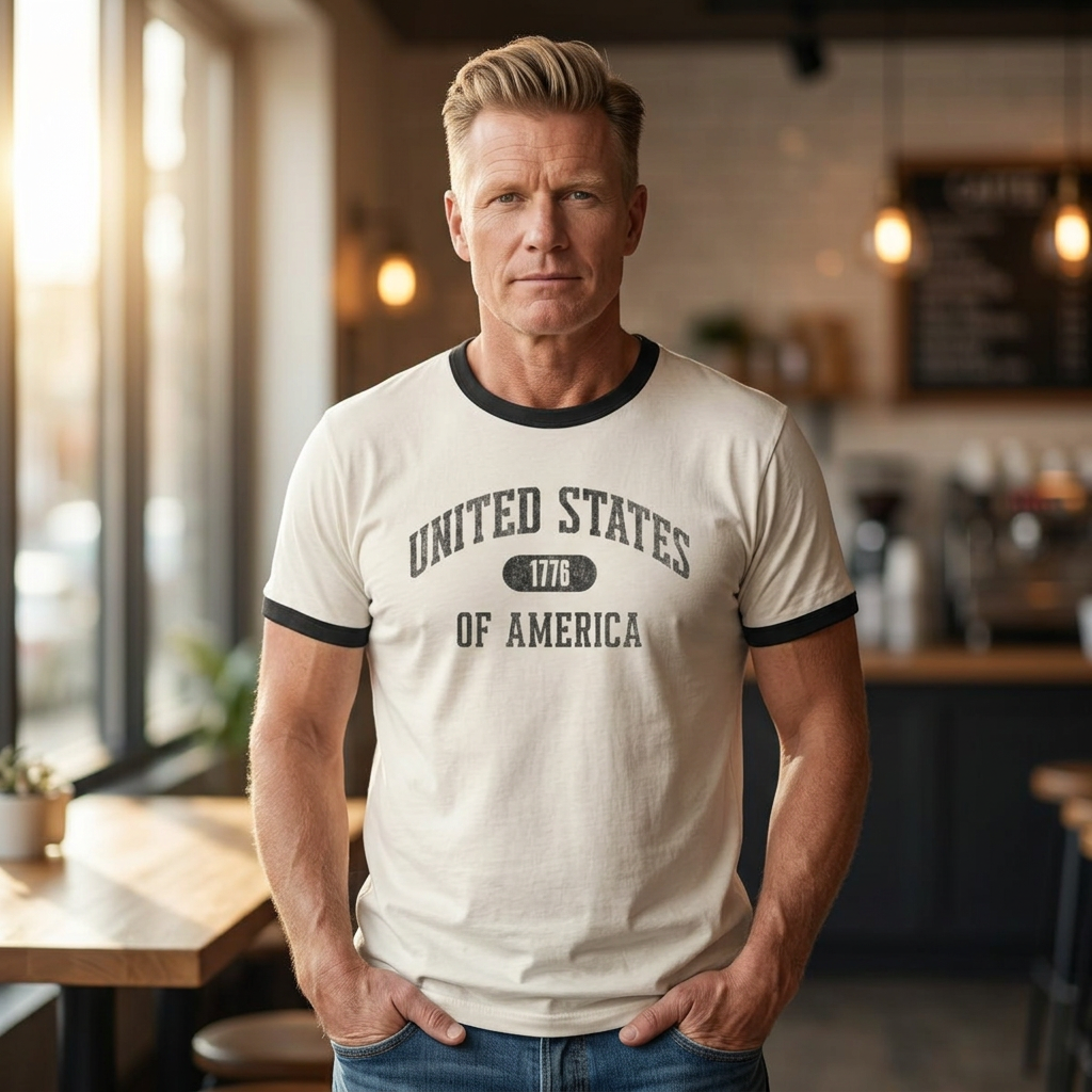United States of America 1776 Vintage Collegiate Ringer Tee – Black Graphic – Neutrals with Black Trim